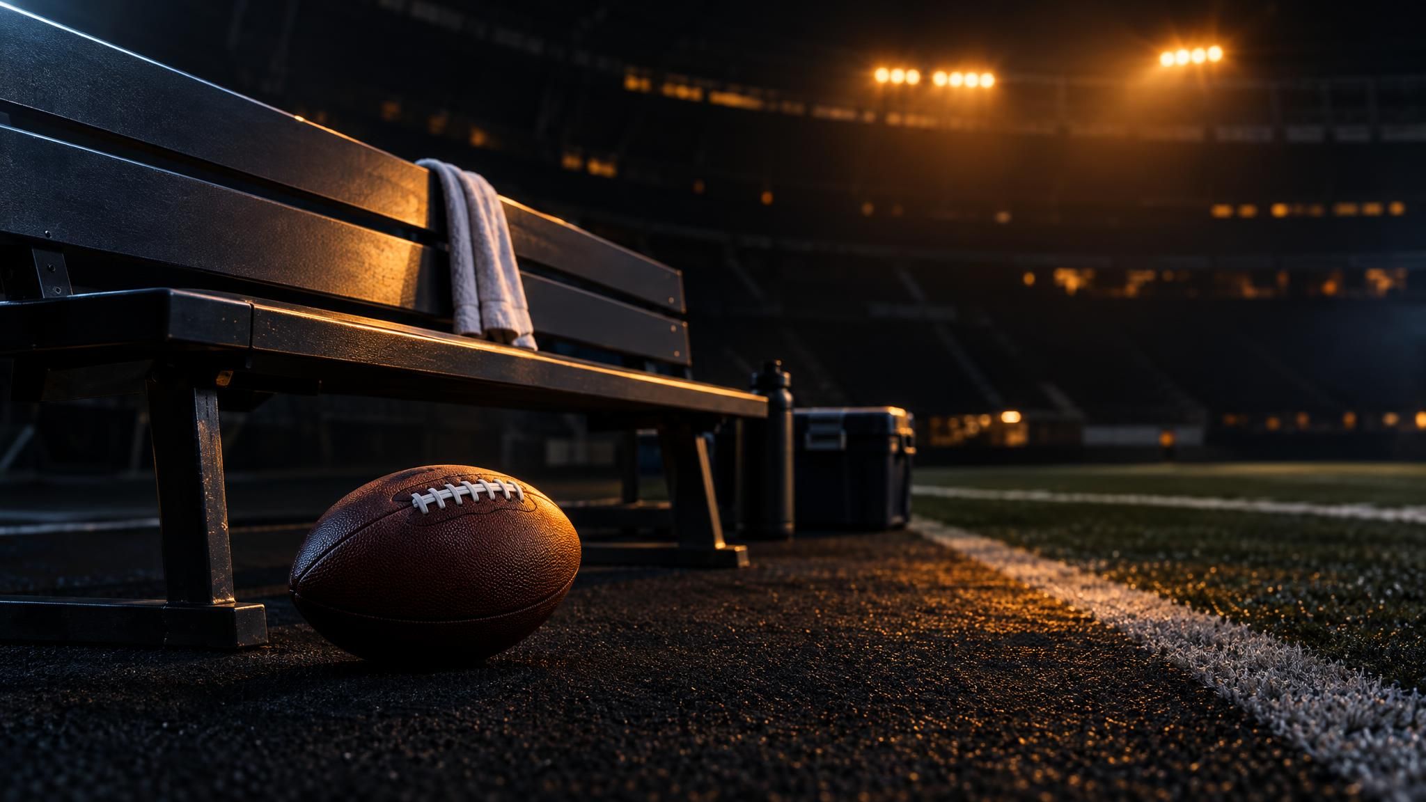 American Football neben einer leeren Bank am Spielfeldrand im Flutlicht
