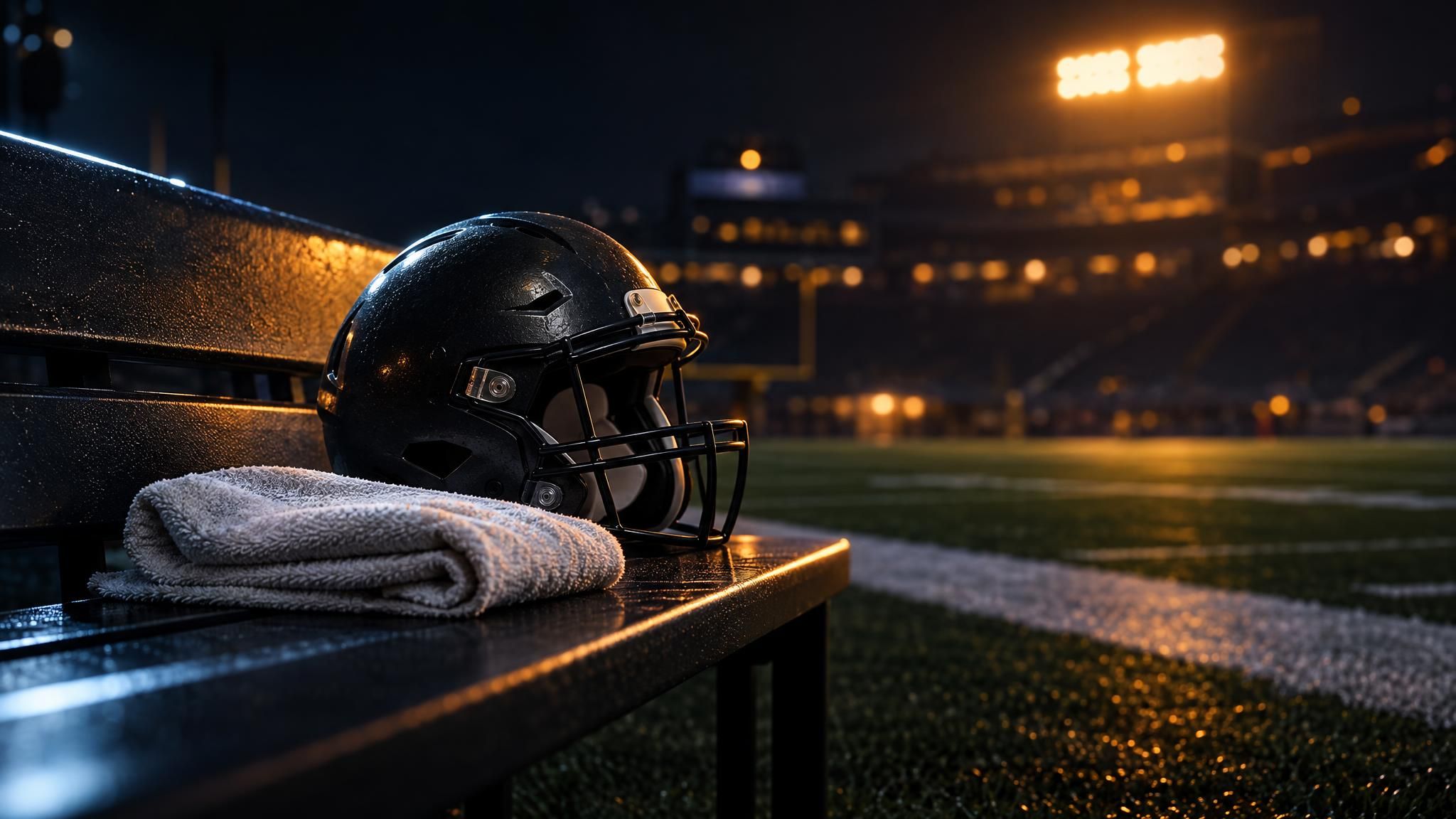 Unbeschrifteter Football-Helm und Handtuch auf einer leeren Seitenlinienbank