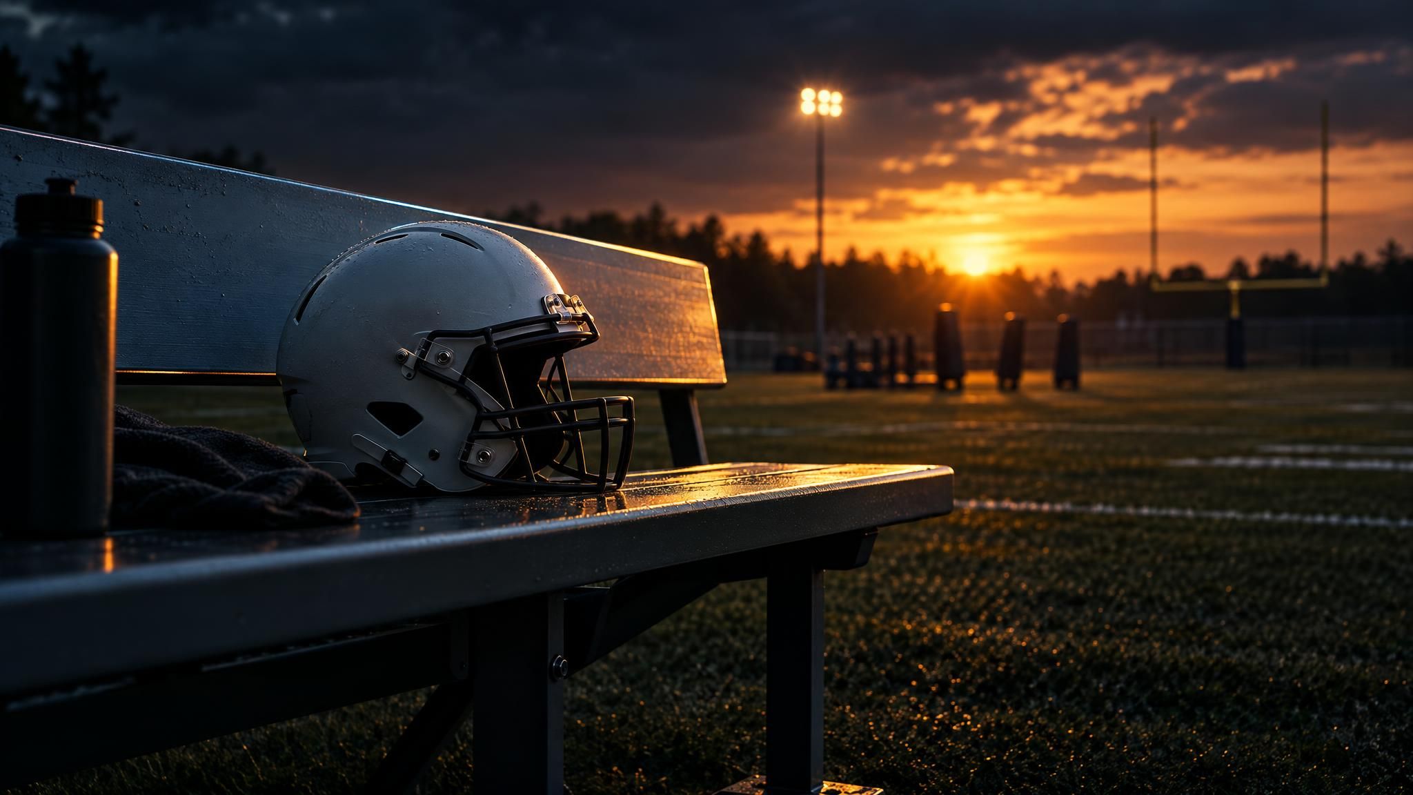 Unbeschrifteter Football-Helm auf einer leeren Bank im warmen Licht
