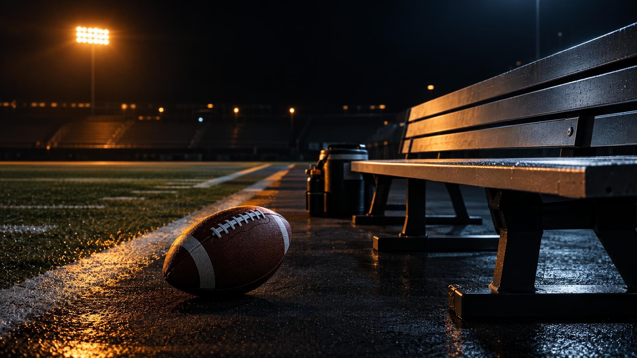 Football neben einer leeren Bank am Spielfeldrand unter warmem Flutlicht