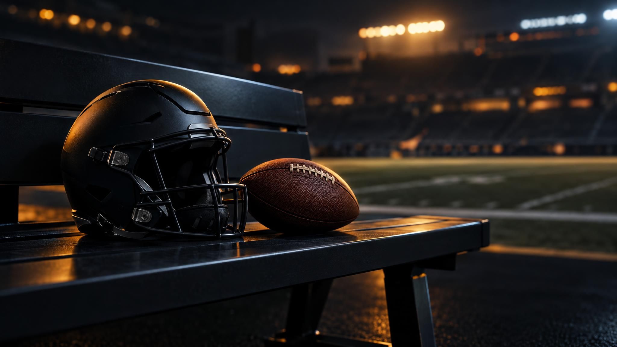 Unmarkierter Football-Helm und Football auf einer leeren Bank im Stadion
