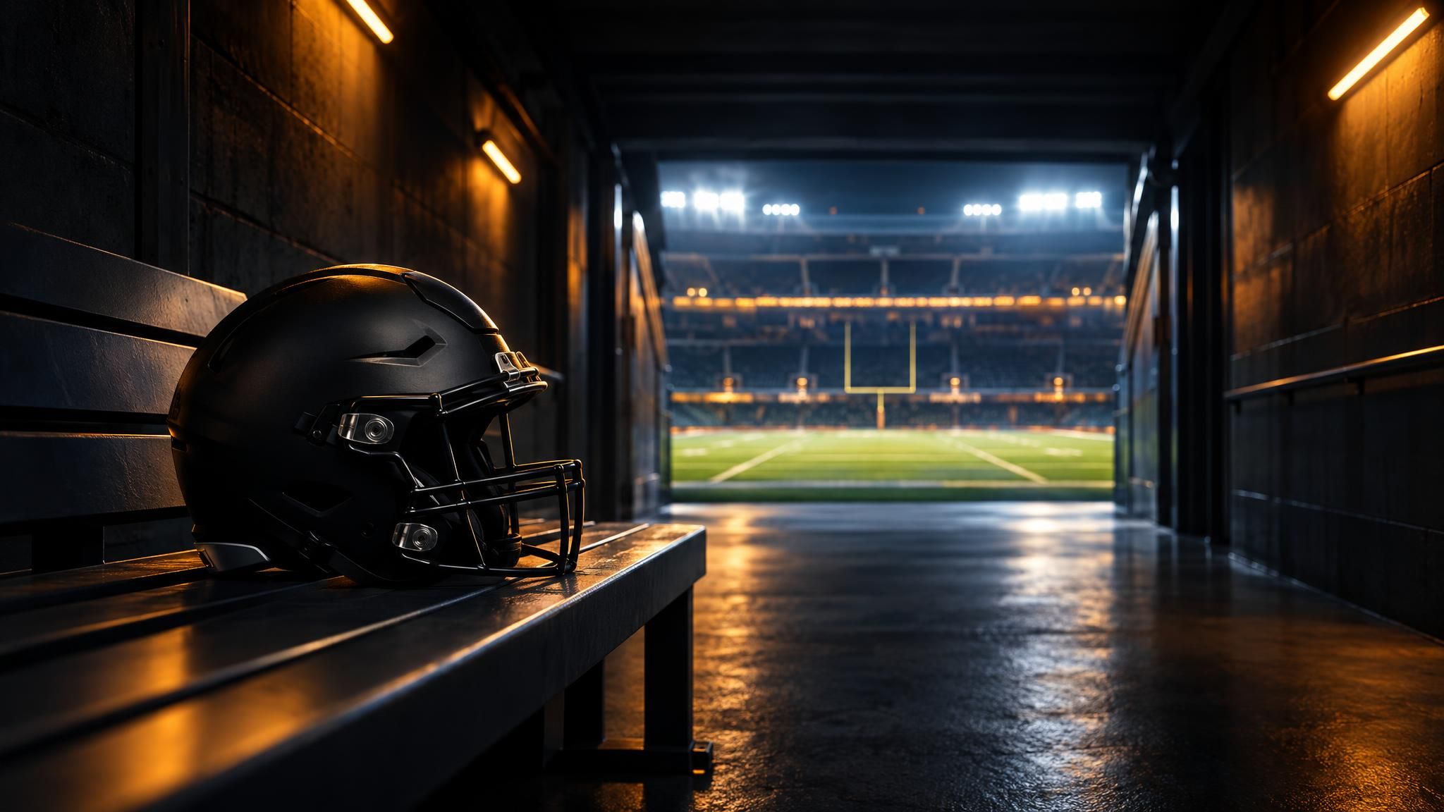Schwarzer Footballhelm auf einer Bank vor einem beleuchteten Spielfeld