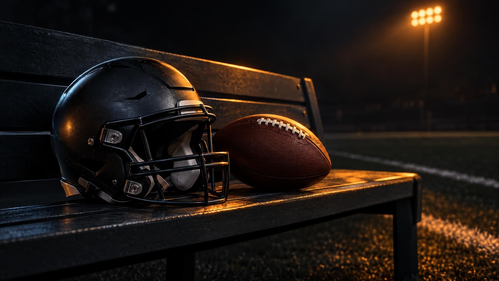 Football und neutraler Helm auf einer Bank am Spielfeldrand