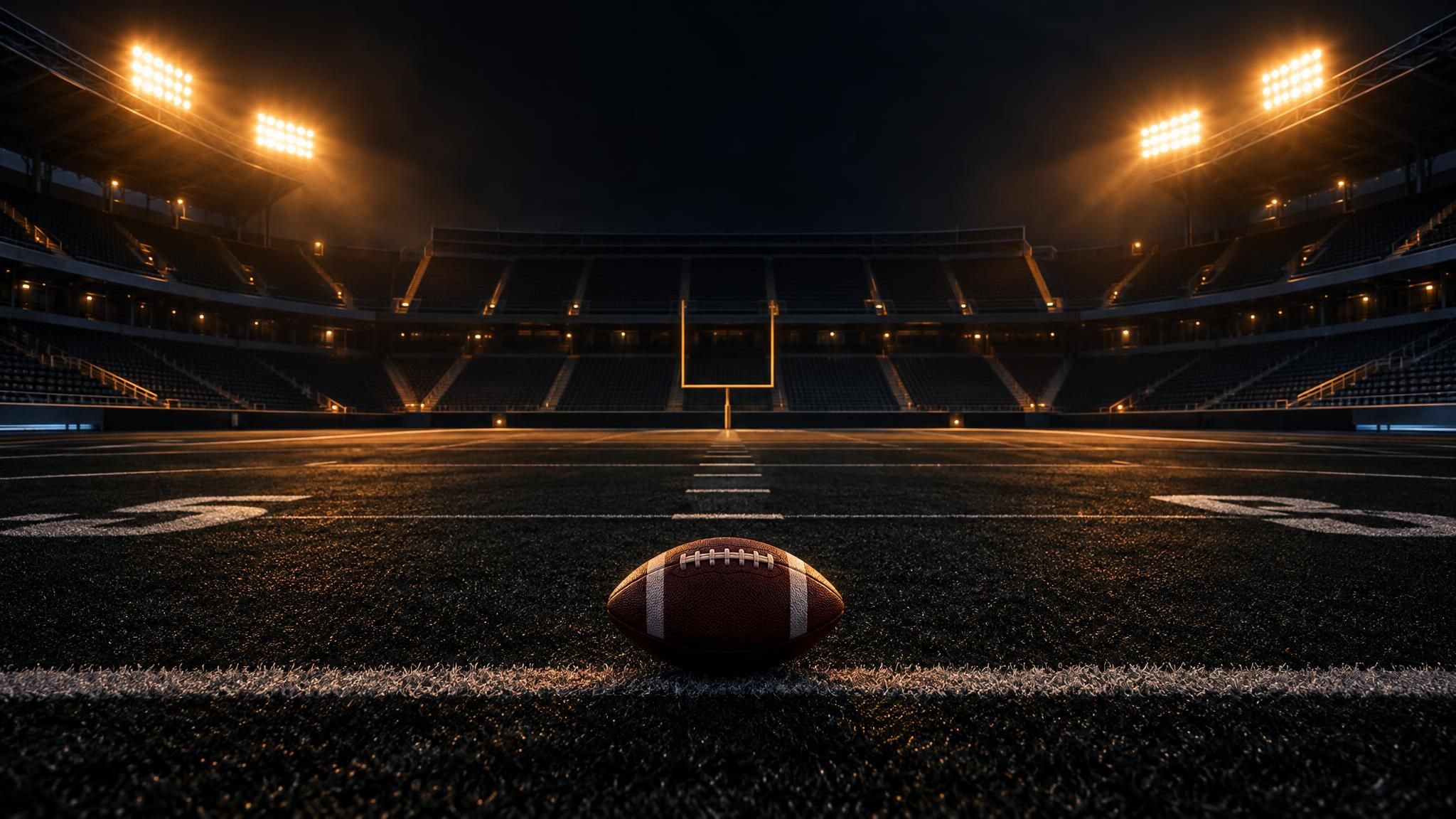 American Football auf dunklem Rasen unter warmem Stadionlicht