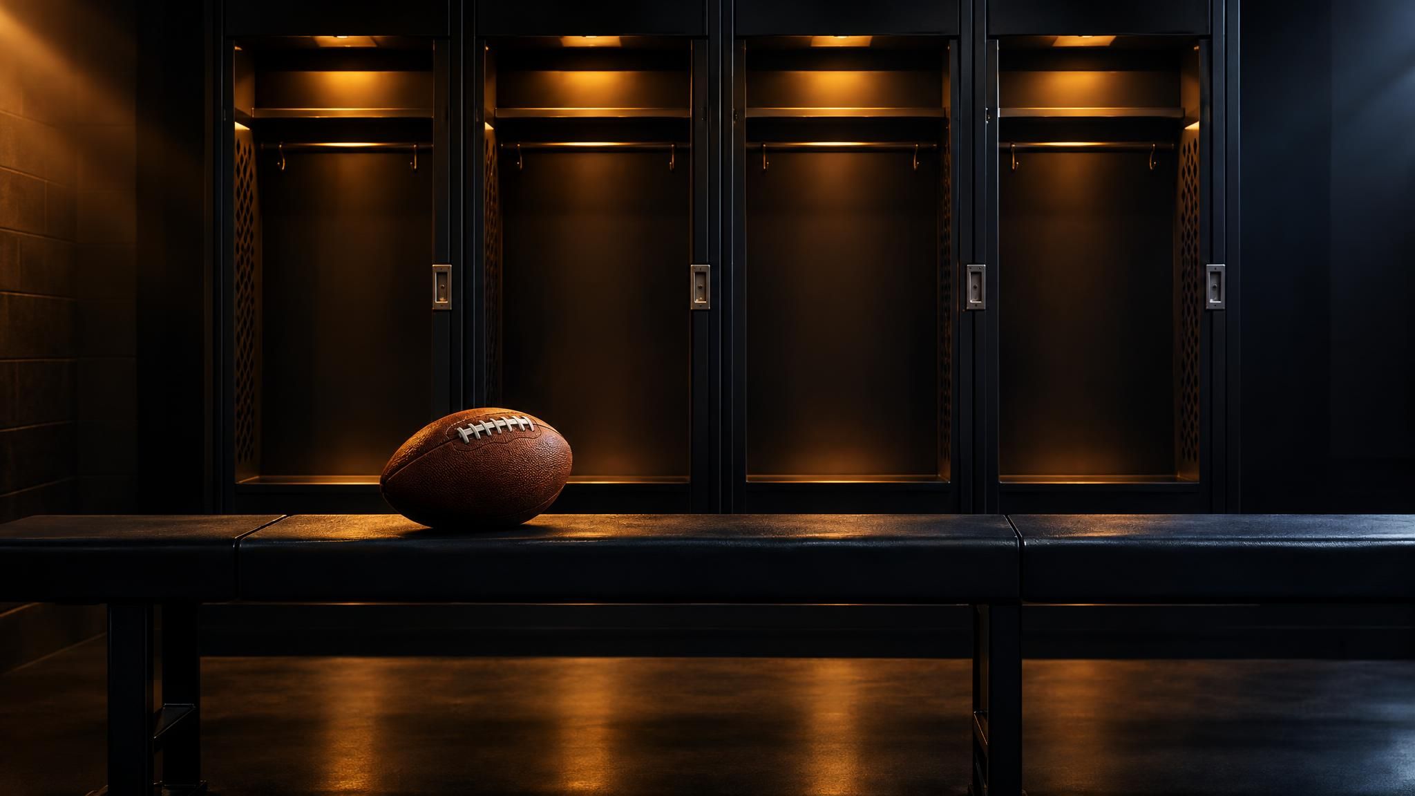 American Football auf einer dunklen Umkleidebank vor leeren Schließfächern