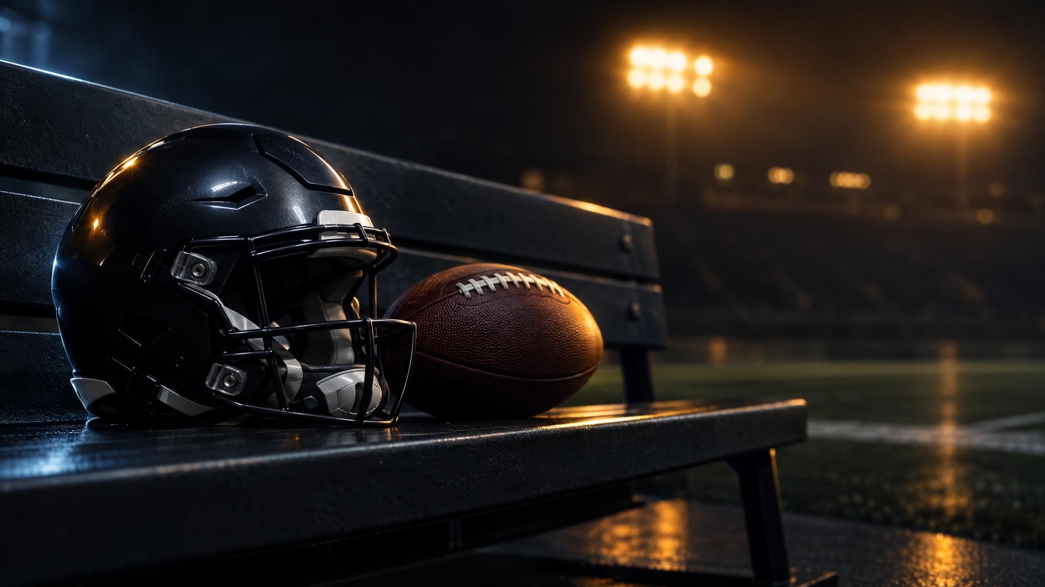 Football-Helm und Ball auf einer leeren Bank bei Flutlicht