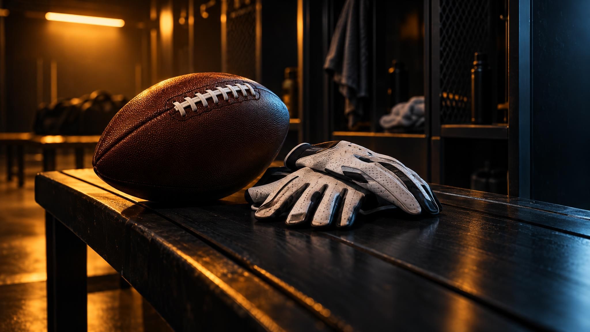Football und Receiver-Handschuhe auf einer dunklen Bank im warmen Licht