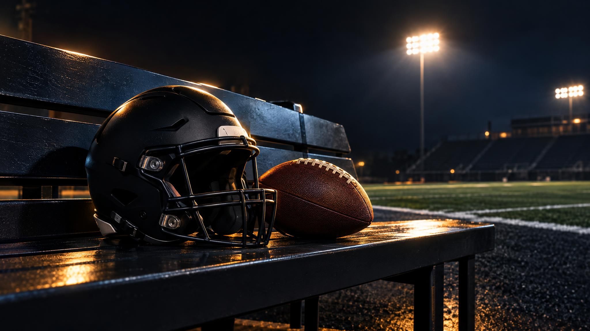Neutraler Football-Helm und Ball auf einer Seitenlinienbank im Flutlicht