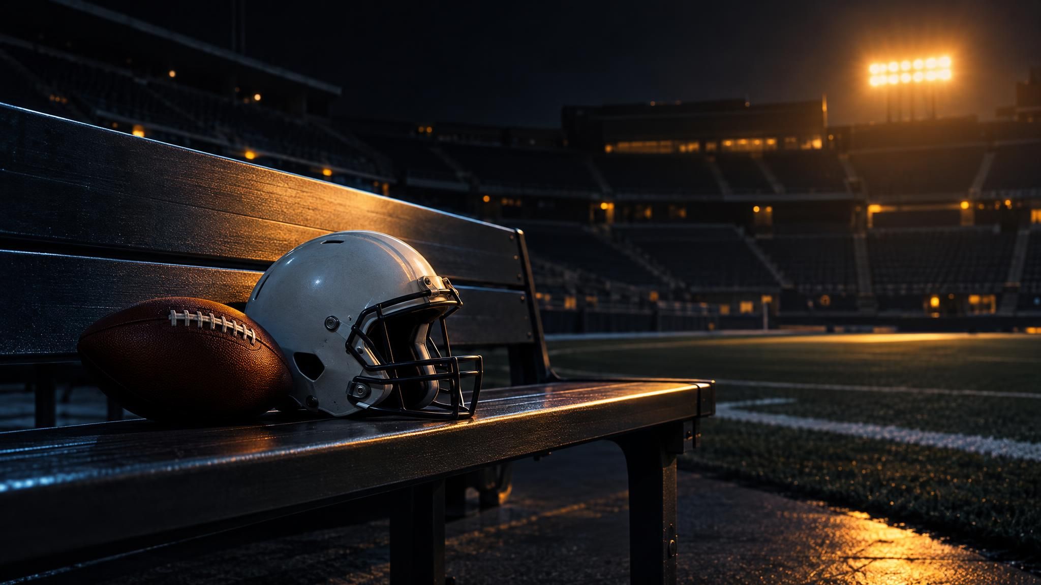 Football und neutraler Helm auf einer leeren Stadionbank