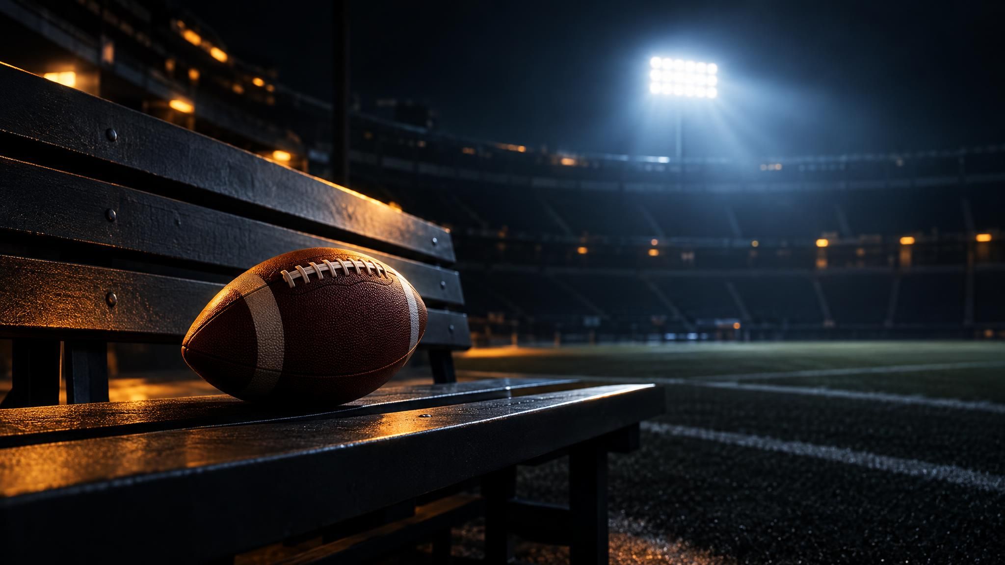 American Football auf einer leeren Stadionbank bei Flutlicht