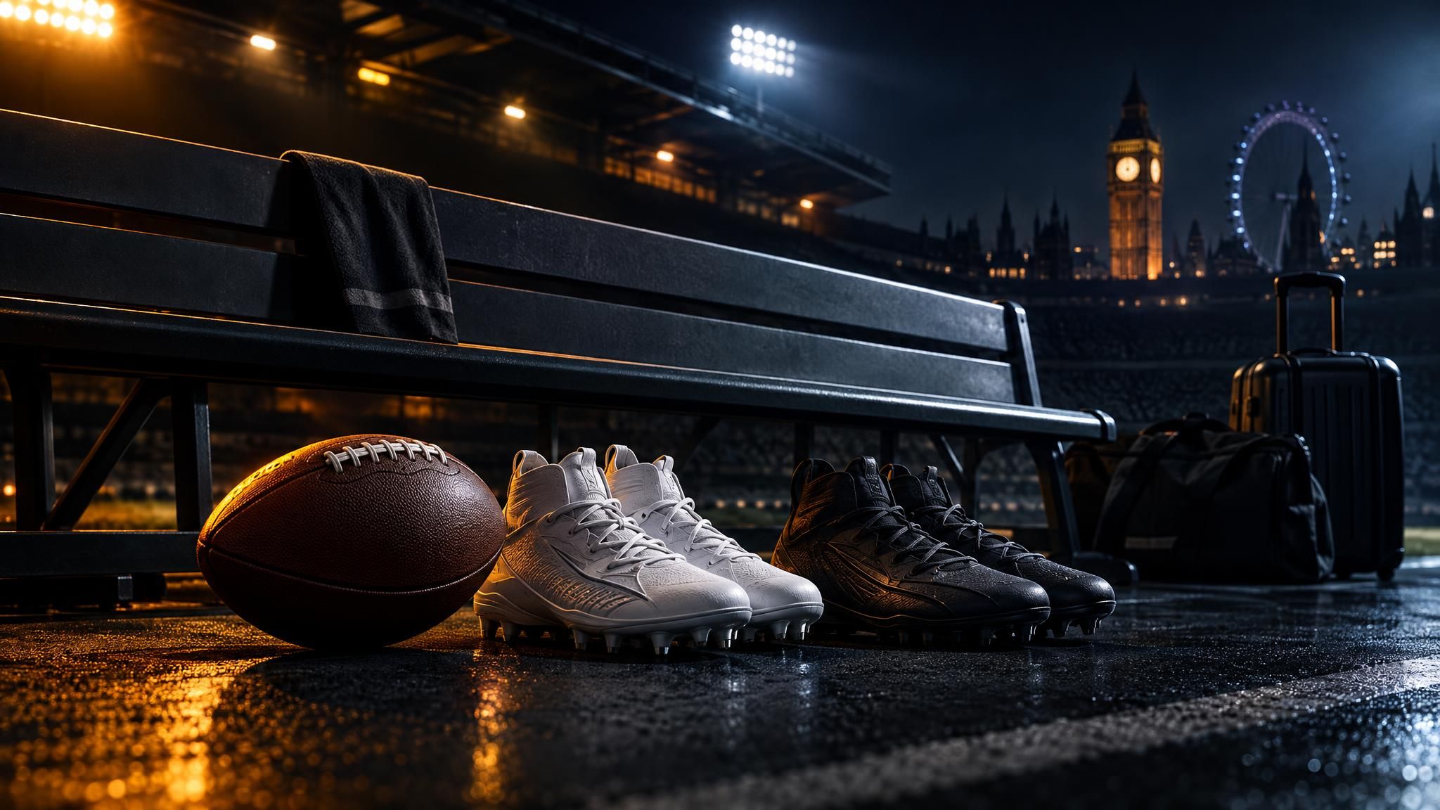 American Football und zwei Paar Footballschuhe vor einer leeren Stadionbank mit Londoner Kulisse