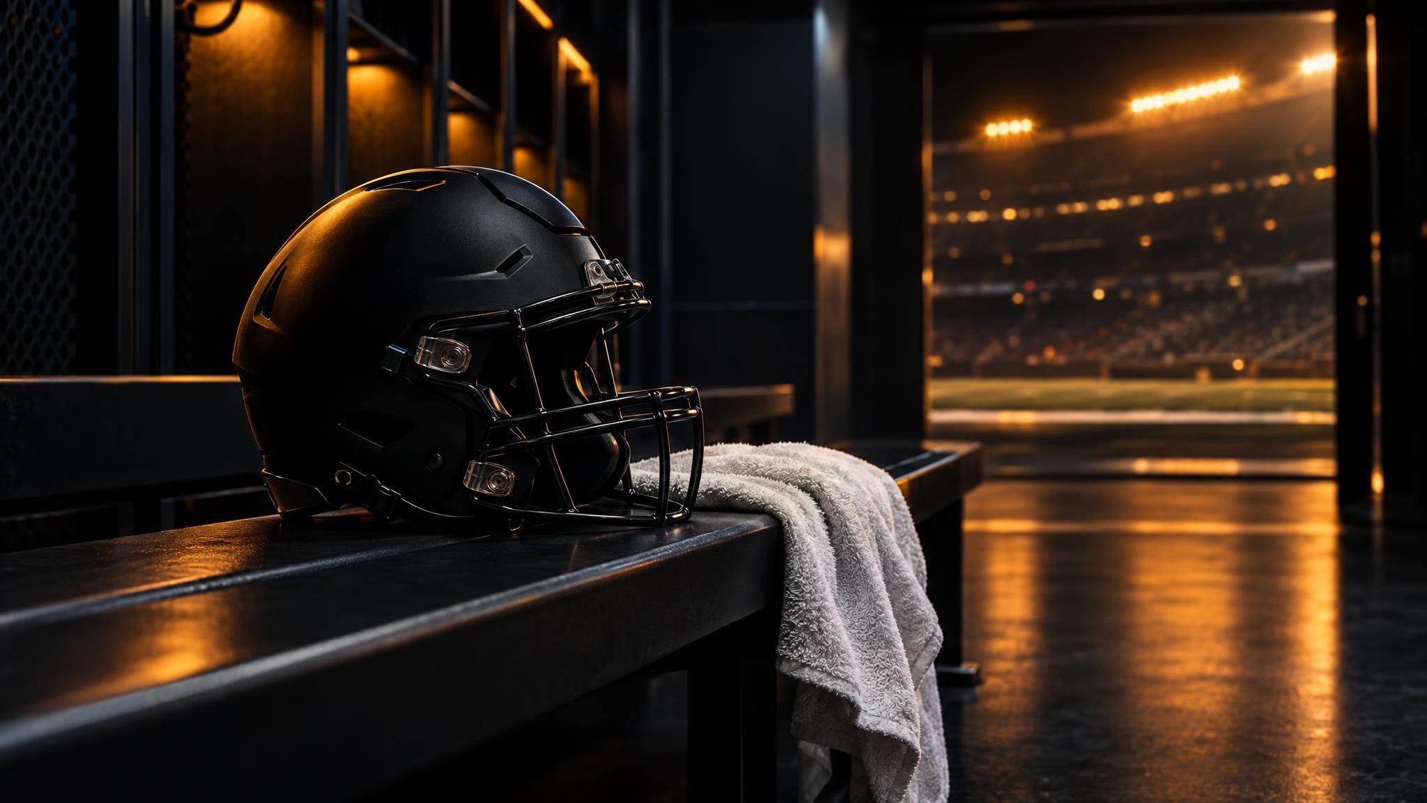 Unmarkierter Footballhelm und weißes Handtuch auf einer Bank im warm beleuchteten Stadion