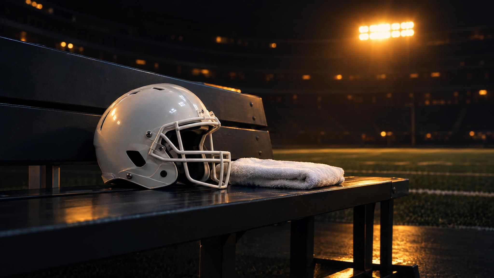 Heller Football-Helm und weißes Handtuch auf einer leeren Bank im Stadion.
