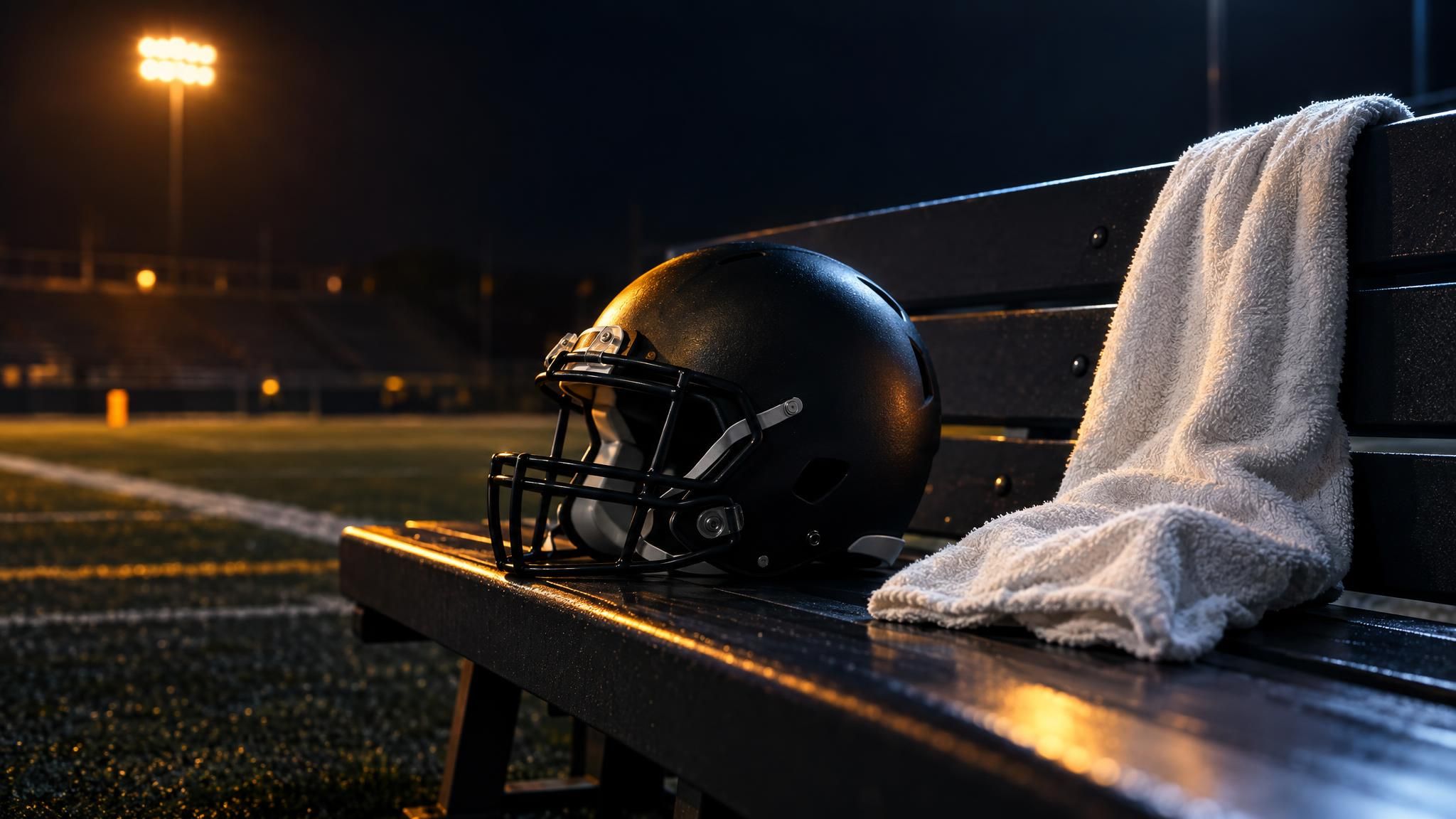 Unmarkierter Football-Helm und weißes Handtuch auf einer leeren Spielerbank