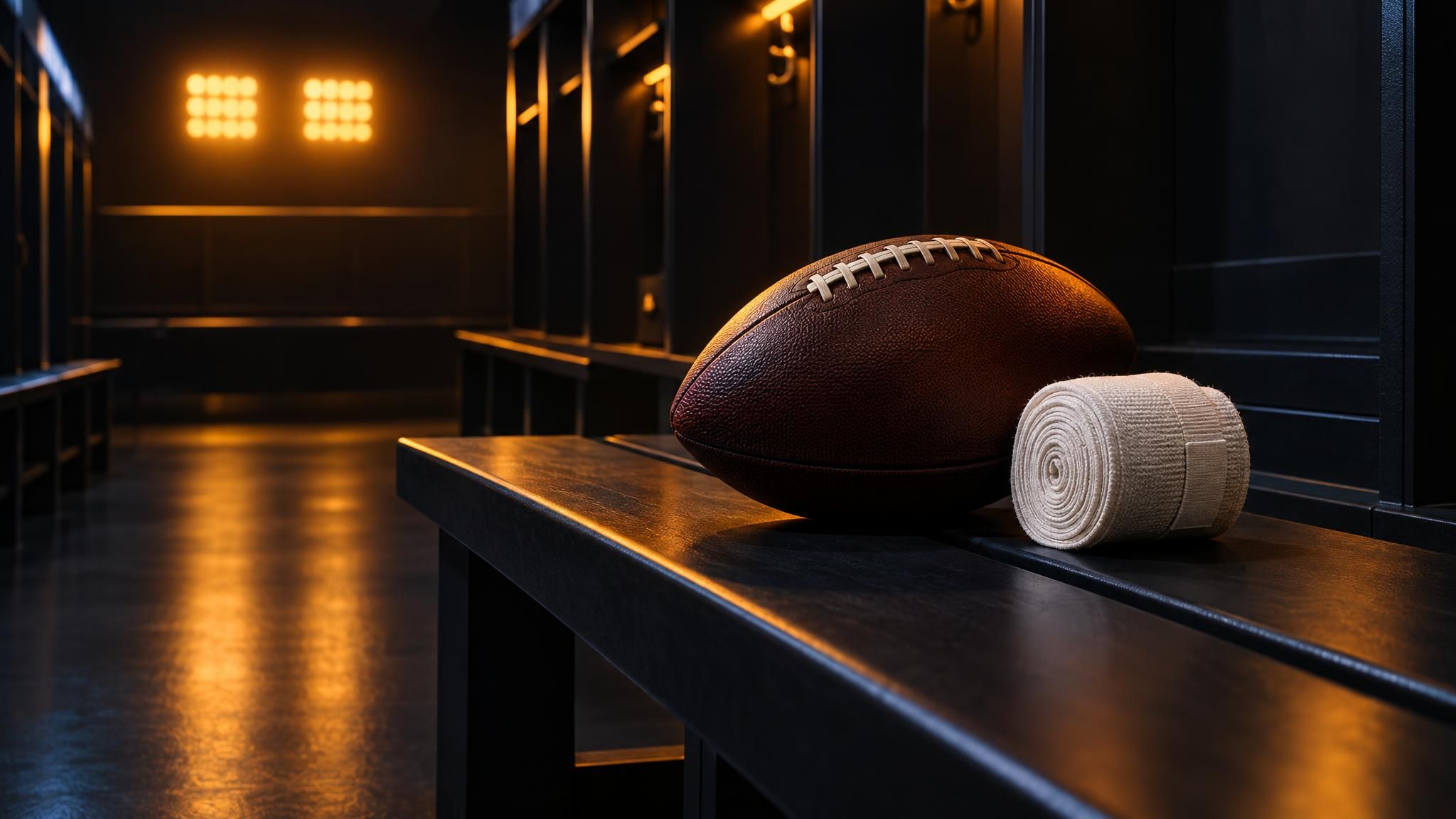 Football und Sportbandage auf einer leeren Bank bei warmem Licht