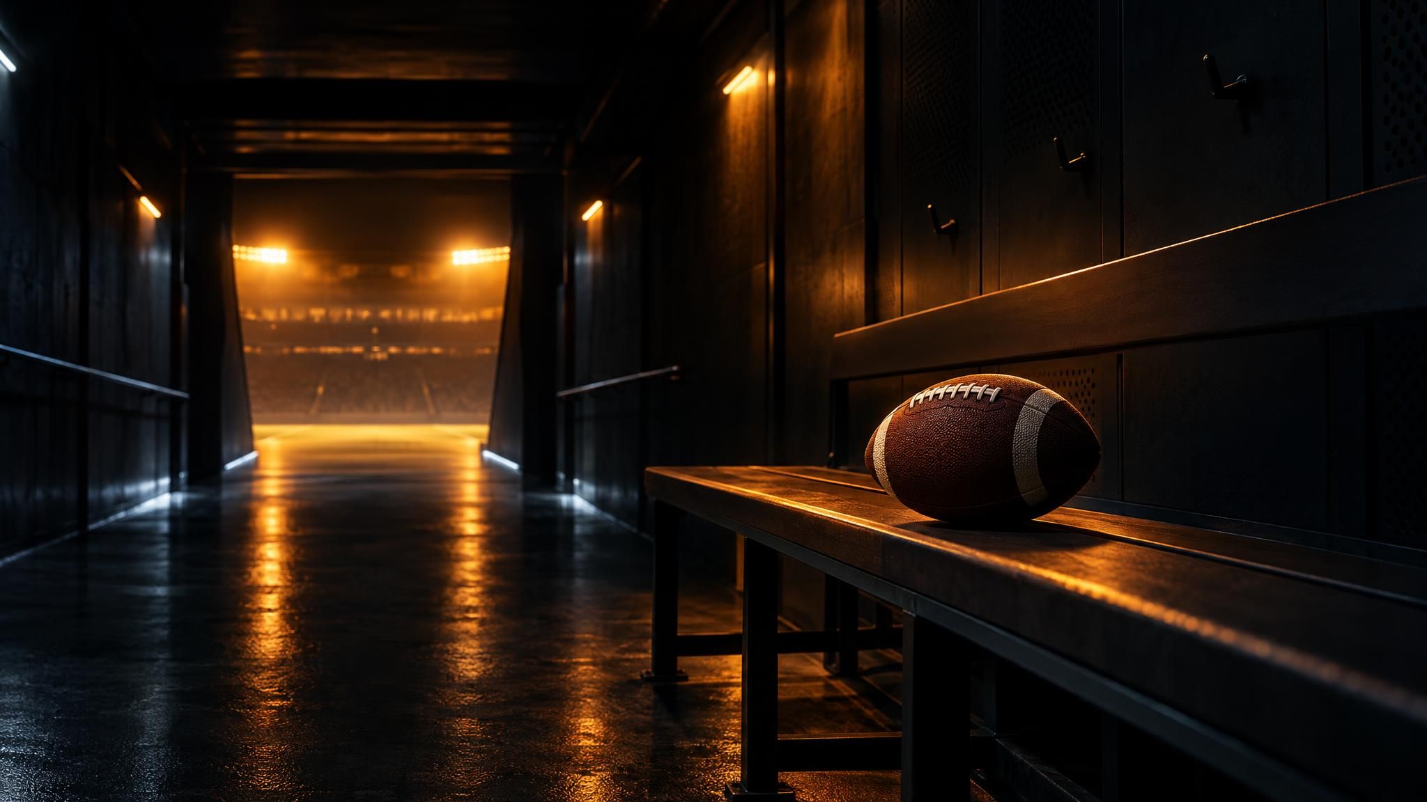 American Football auf einer leeren Bank in einem dunklen Stadiontunnel