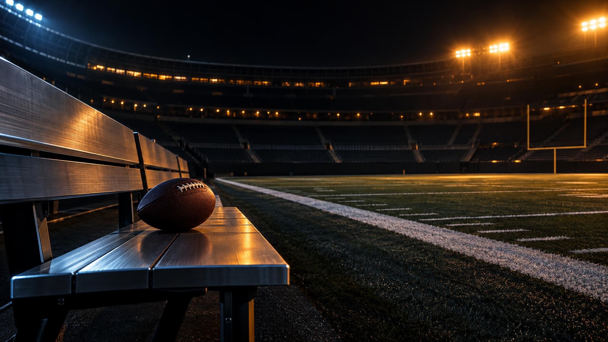 American Football auf einer leeren Bank am Spielfeld bei Nacht