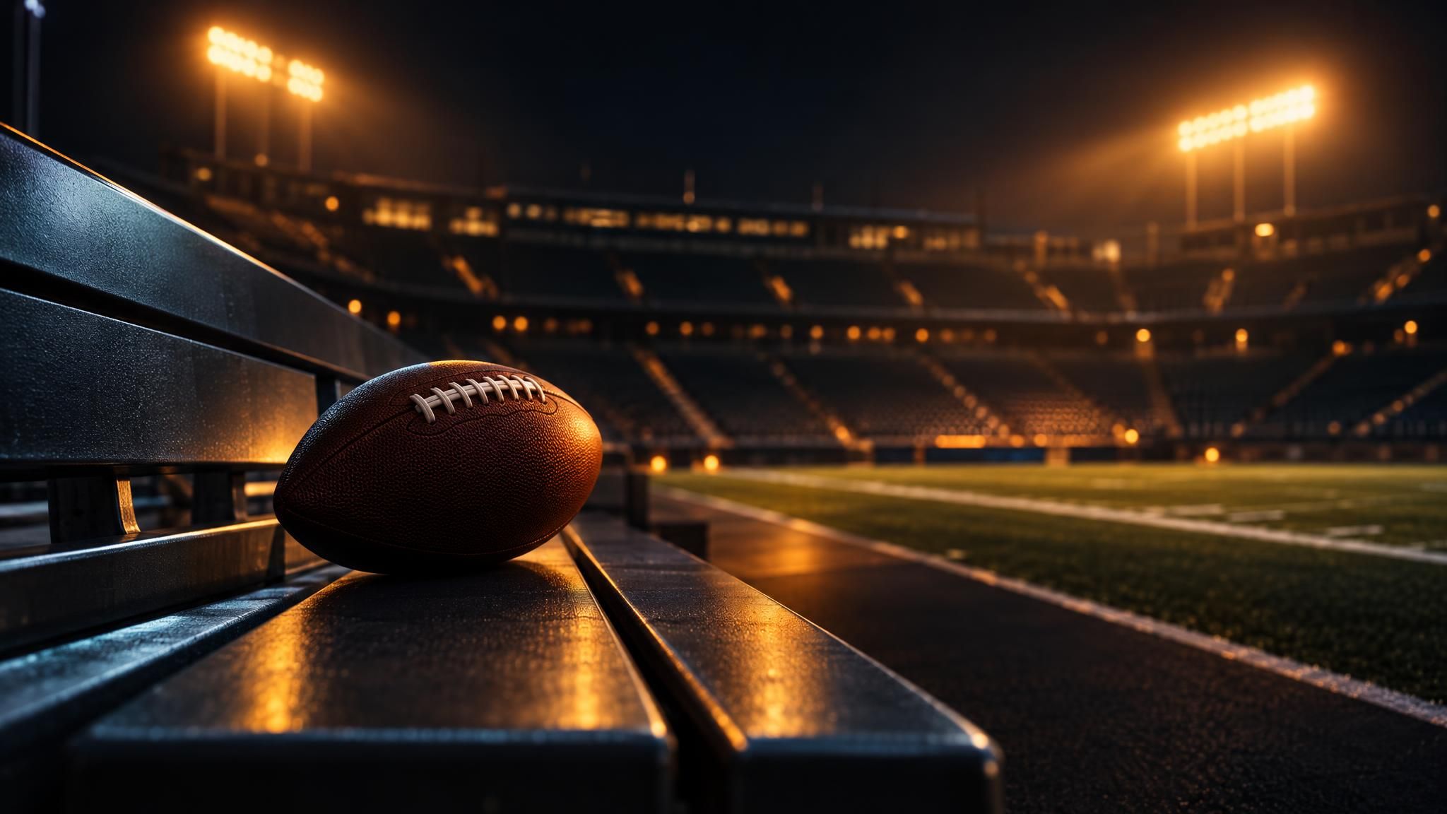 American Football auf einer leeren Stadionbank im Flutlicht
