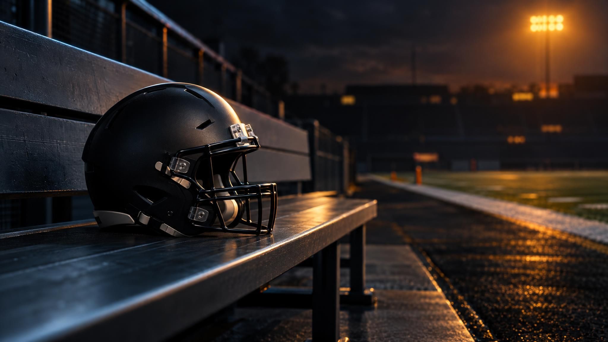 Neutraler Football-Helm auf einer leeren Bank am Spielfeldrand