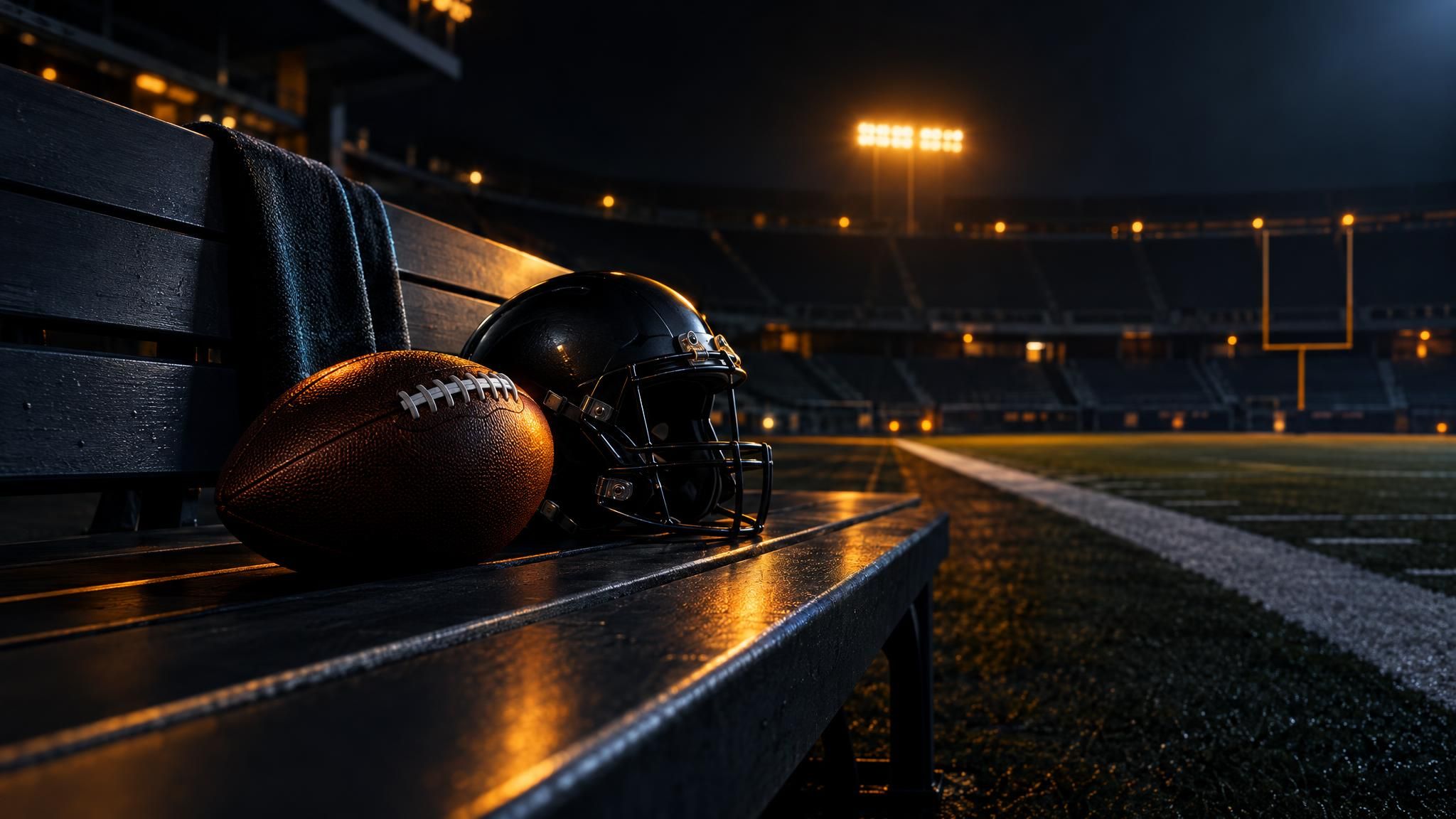 American-Football und schwarzer Helm auf einer dunklen Bank am beleuchteten Spielfeldrand