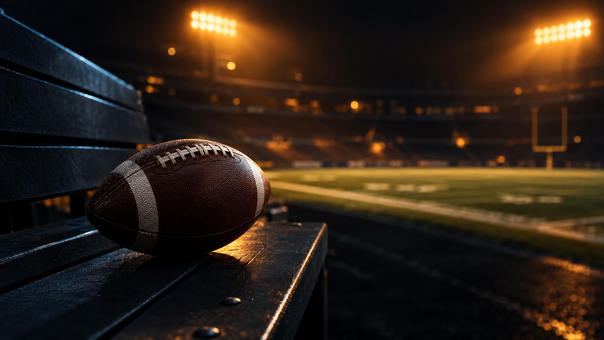 American Football auf einer leeren Stadionbank im warmen Flutlicht