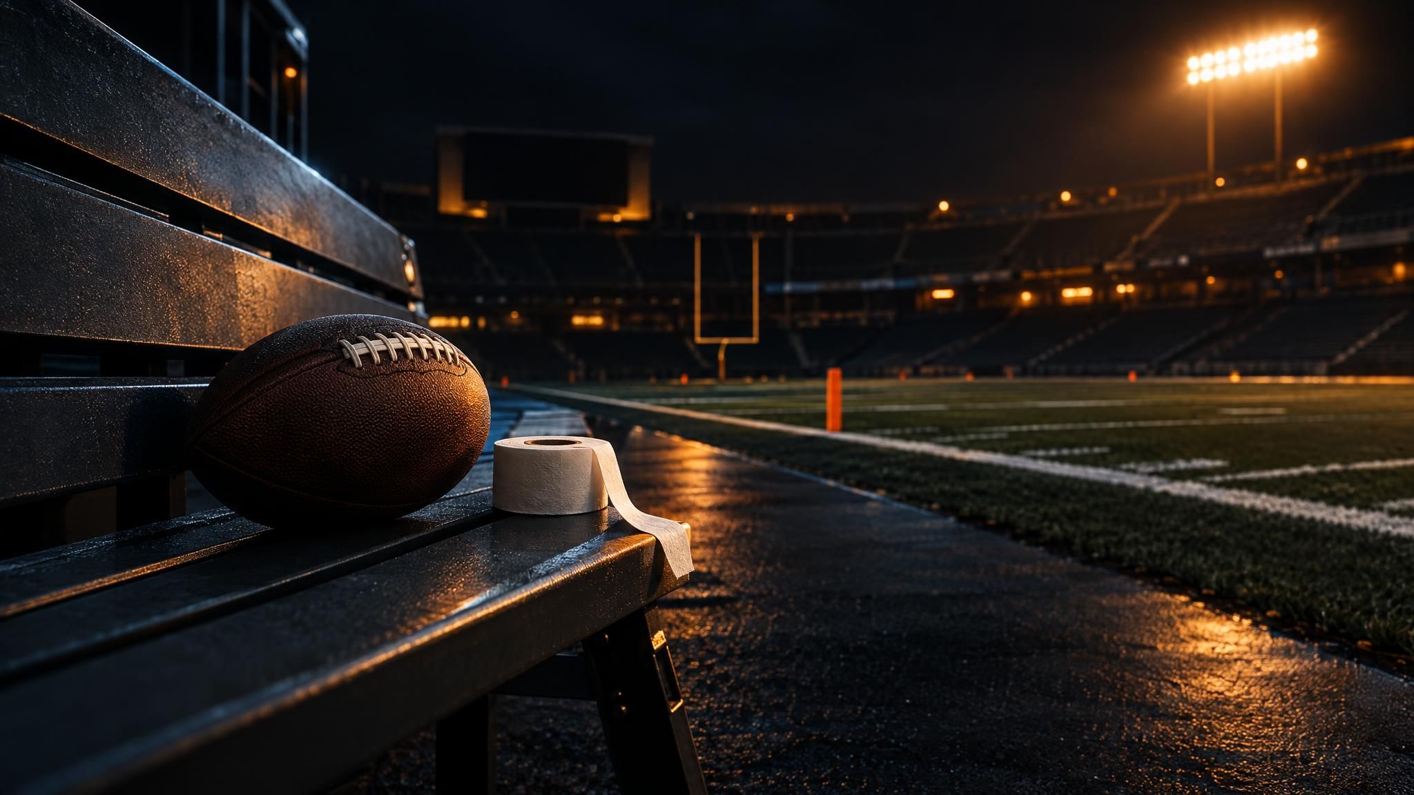 American Football und Sporttape auf einer leeren Bank im Stadion