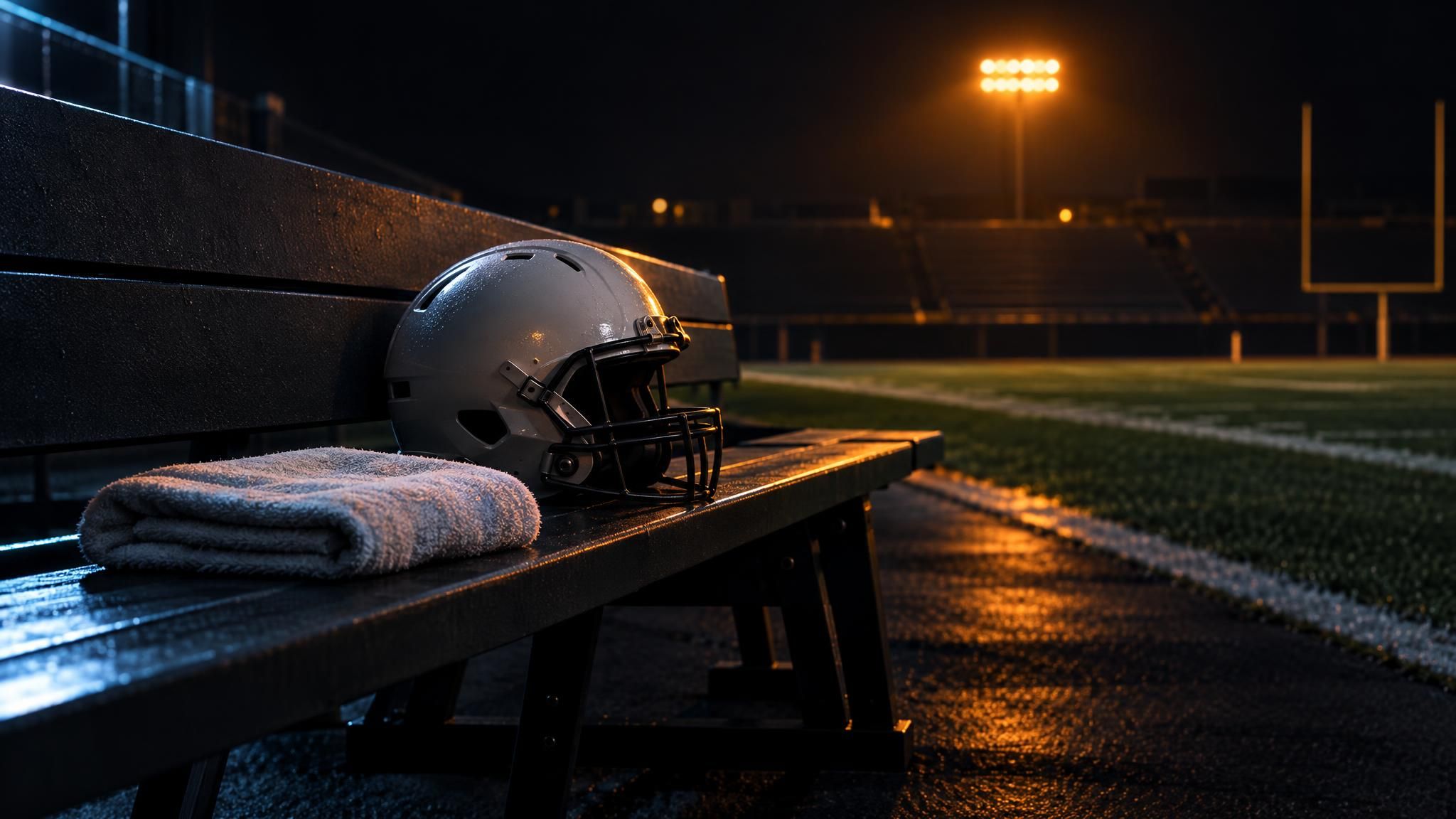Neutraler Football-Helm und Handtuch auf einer leeren Bank unter Flutlicht