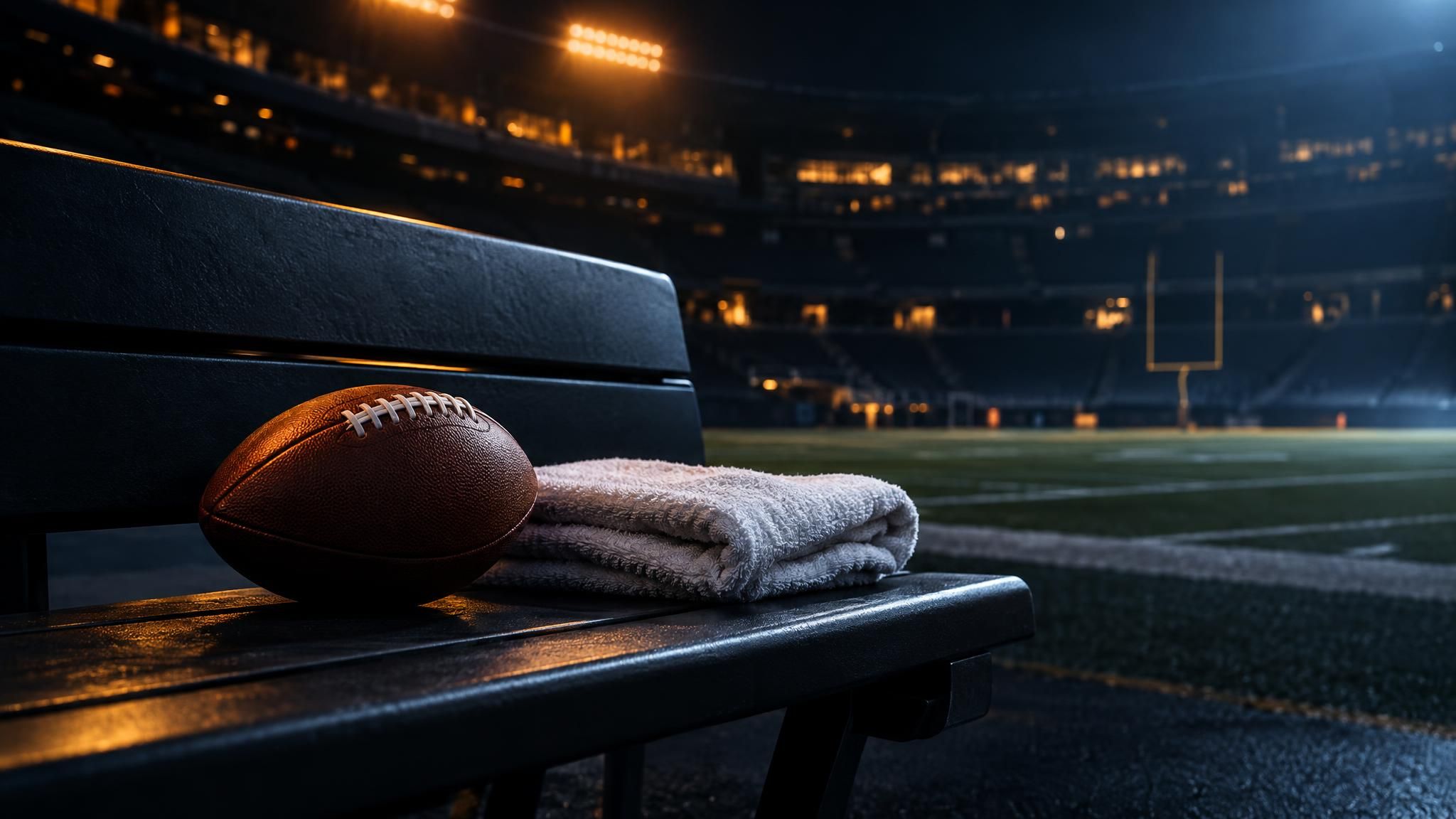 Football und gefaltetes Handtuch auf einer leeren Bank im Stadion