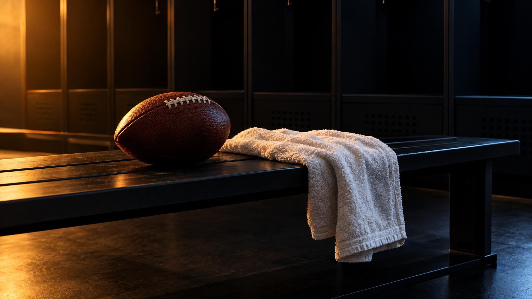 Football und weißes Handtuch auf einer dunklen Umkleidebank