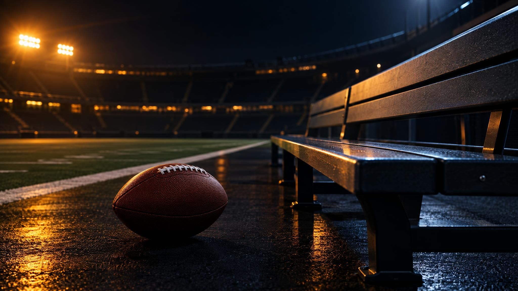 American Football vor einer leeren Seitenlinienbank im nächtlichen Stadion