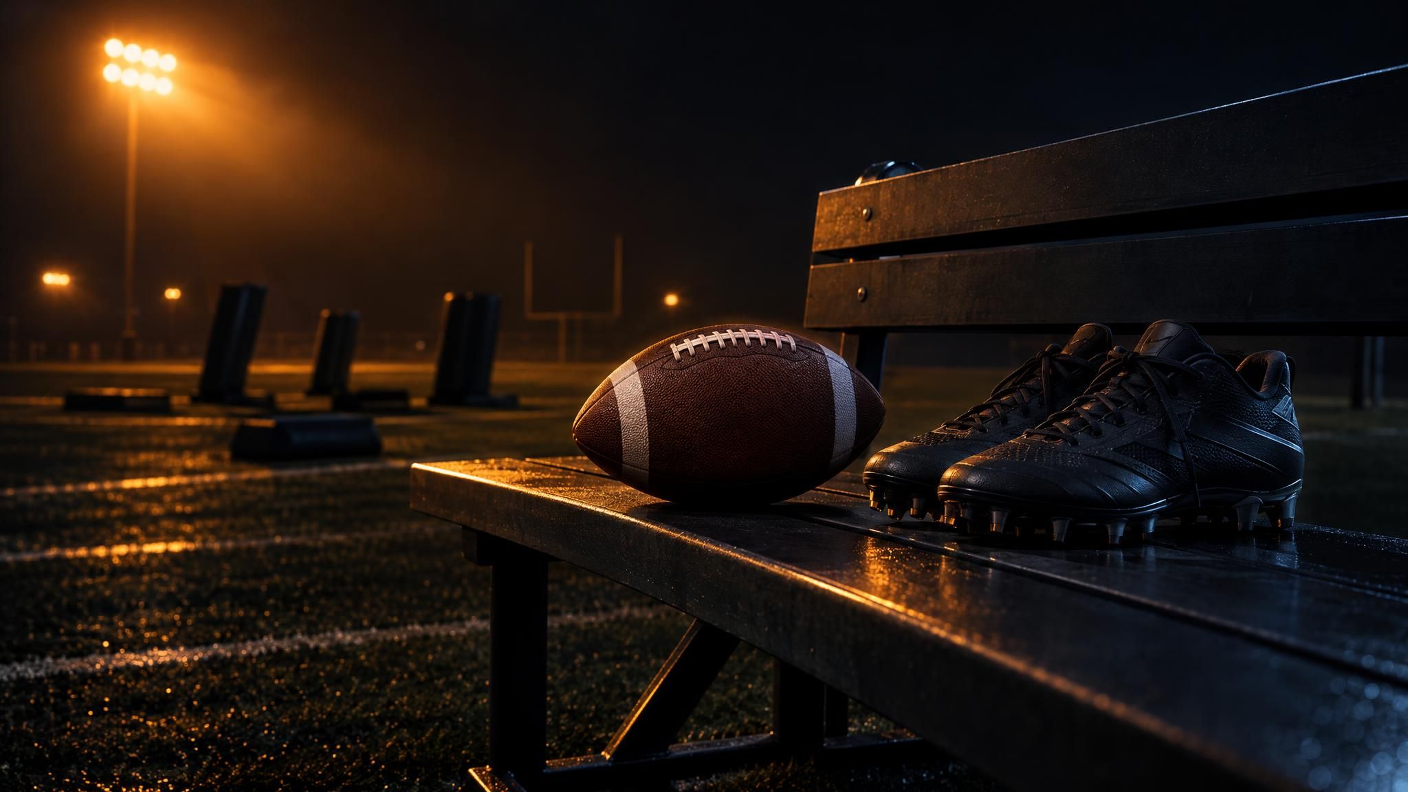 Football und unbeschriftete Schuhe auf einer Trainingsbank im Flutlicht
