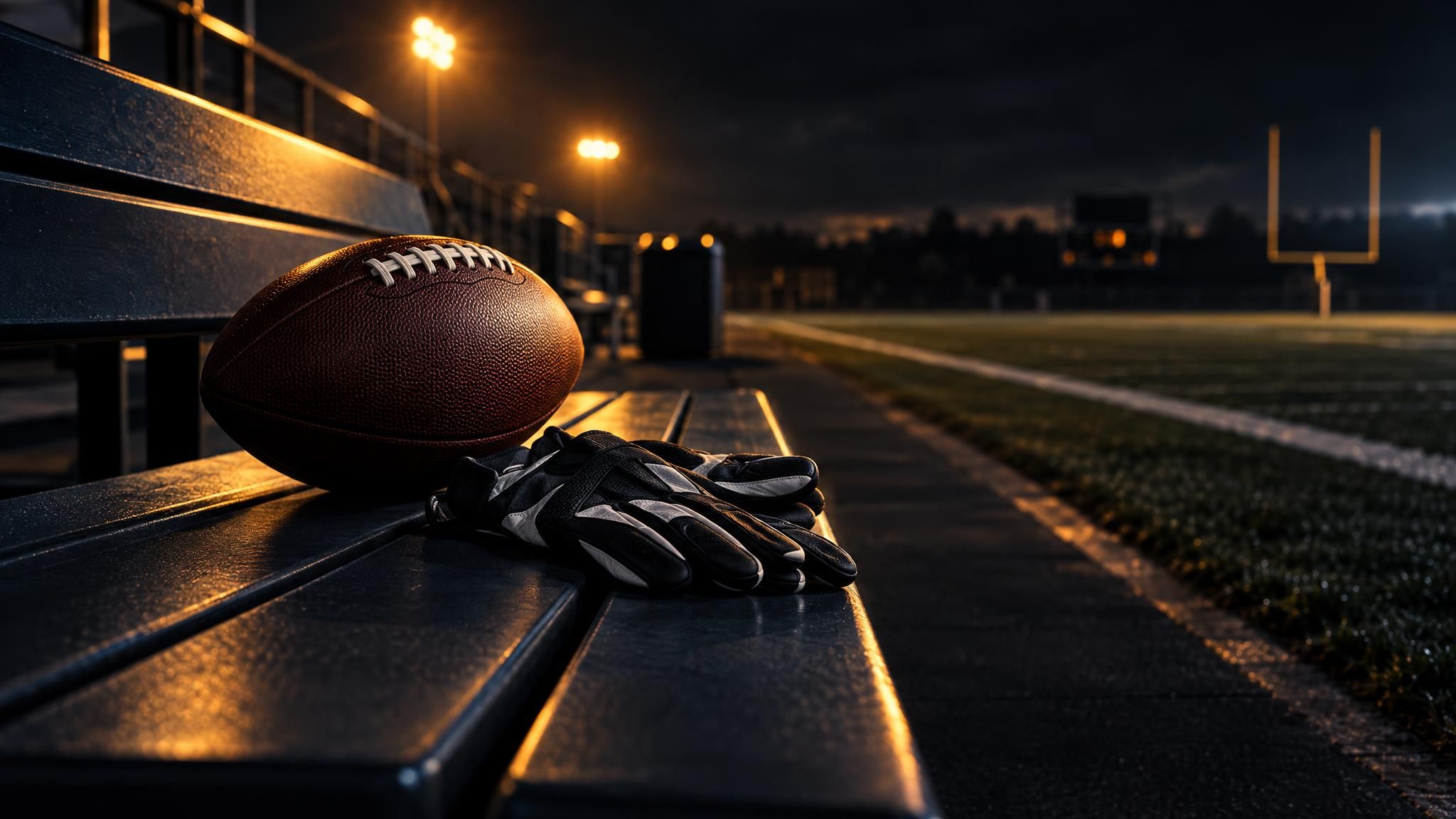 Football und Handschuhe auf einer leeren Bank am Spielfeldrand