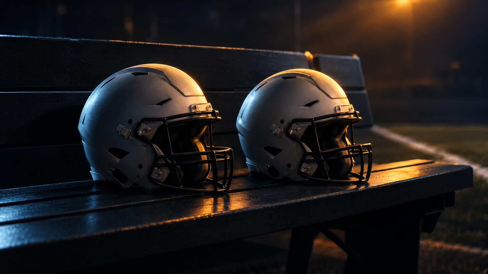 Zwei unmarkierte Football-Helme auf einer Bank im Flutlicht