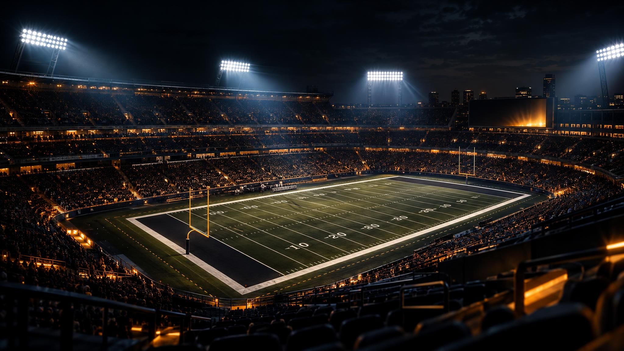 American-Football-Stadion bei Nacht unter Flutlicht mit warm beleuchteten Tribünen
