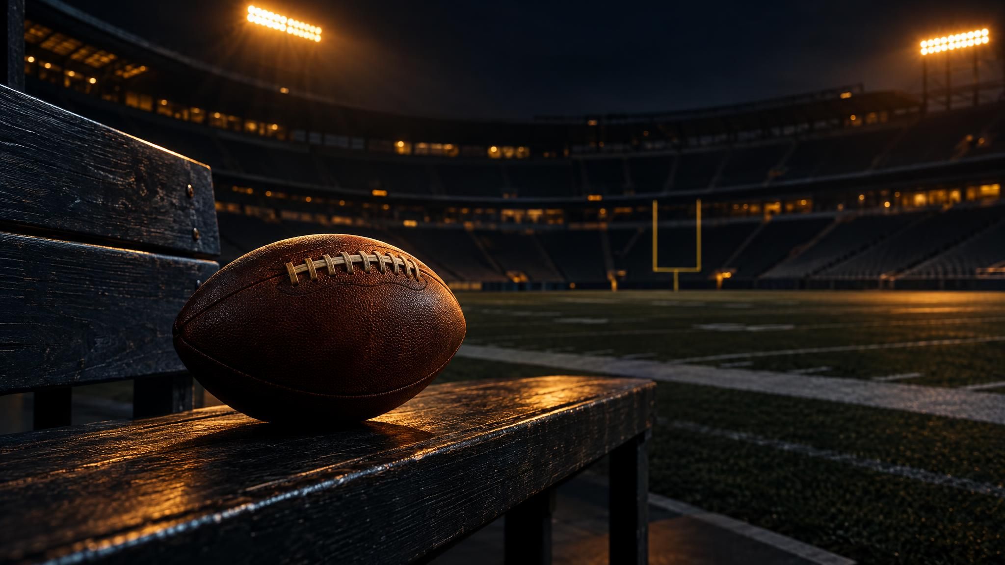 Football auf einer dunklen Bank vor einem leeren Stadion im warmen Licht