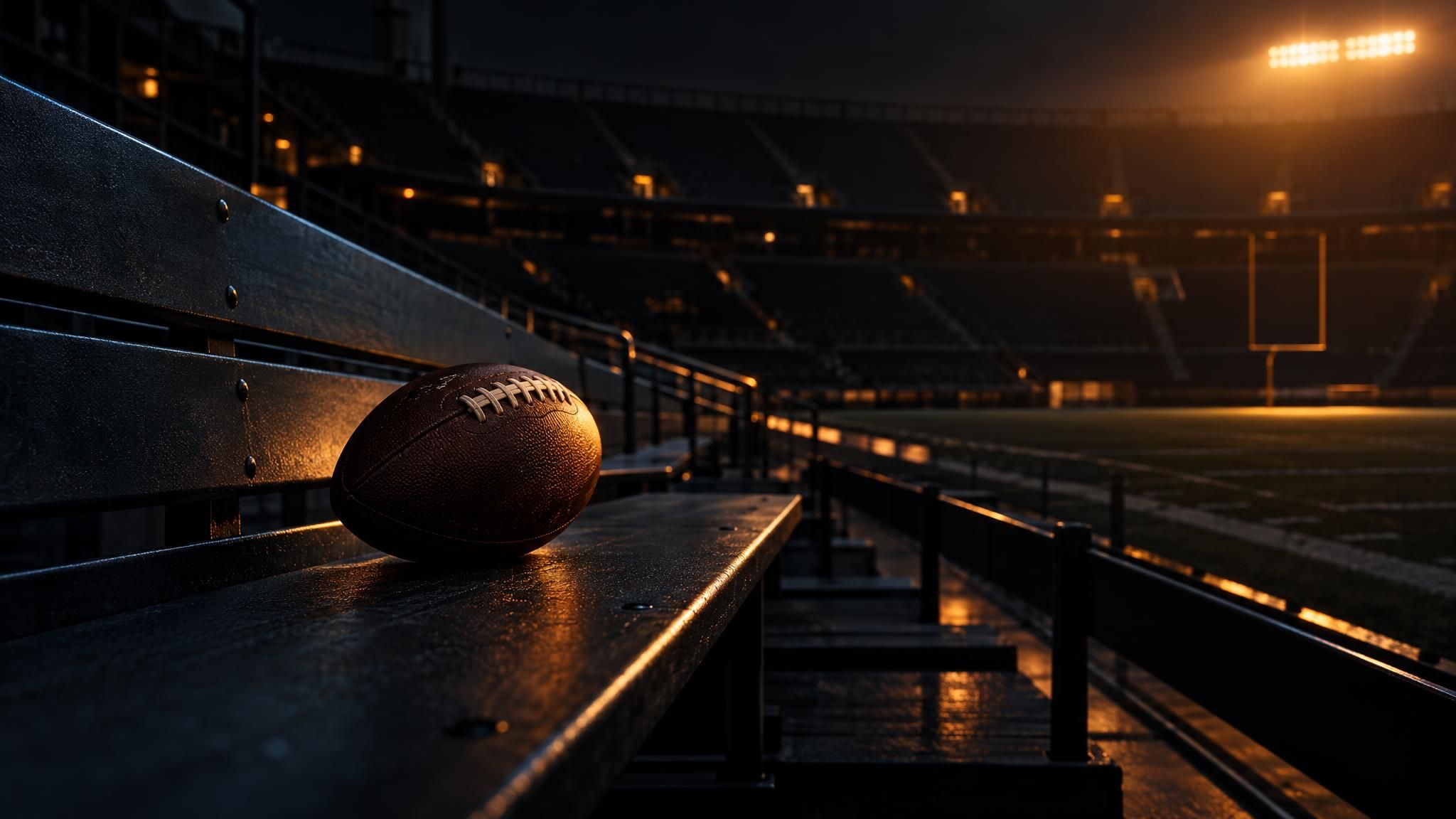 American Football auf einer leeren Bank im dunkel beleuchteten Stadion