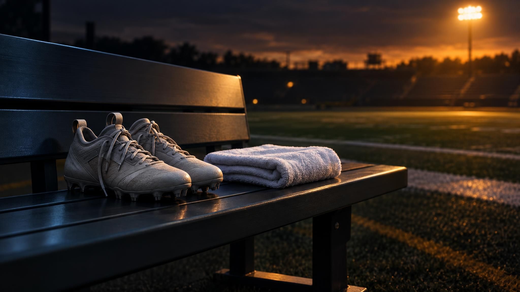 Footballschuhe und weißes Handtuch auf einer leeren Bank am Spielfeldrand