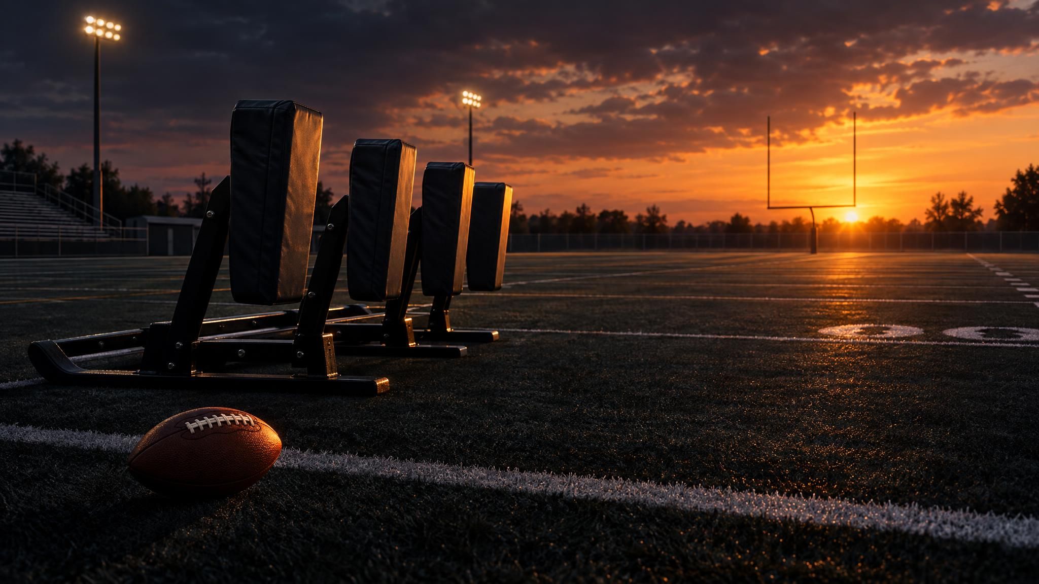 Football und Blocking-Schlitten auf einem leeren Trainingsfeld im Flutlicht