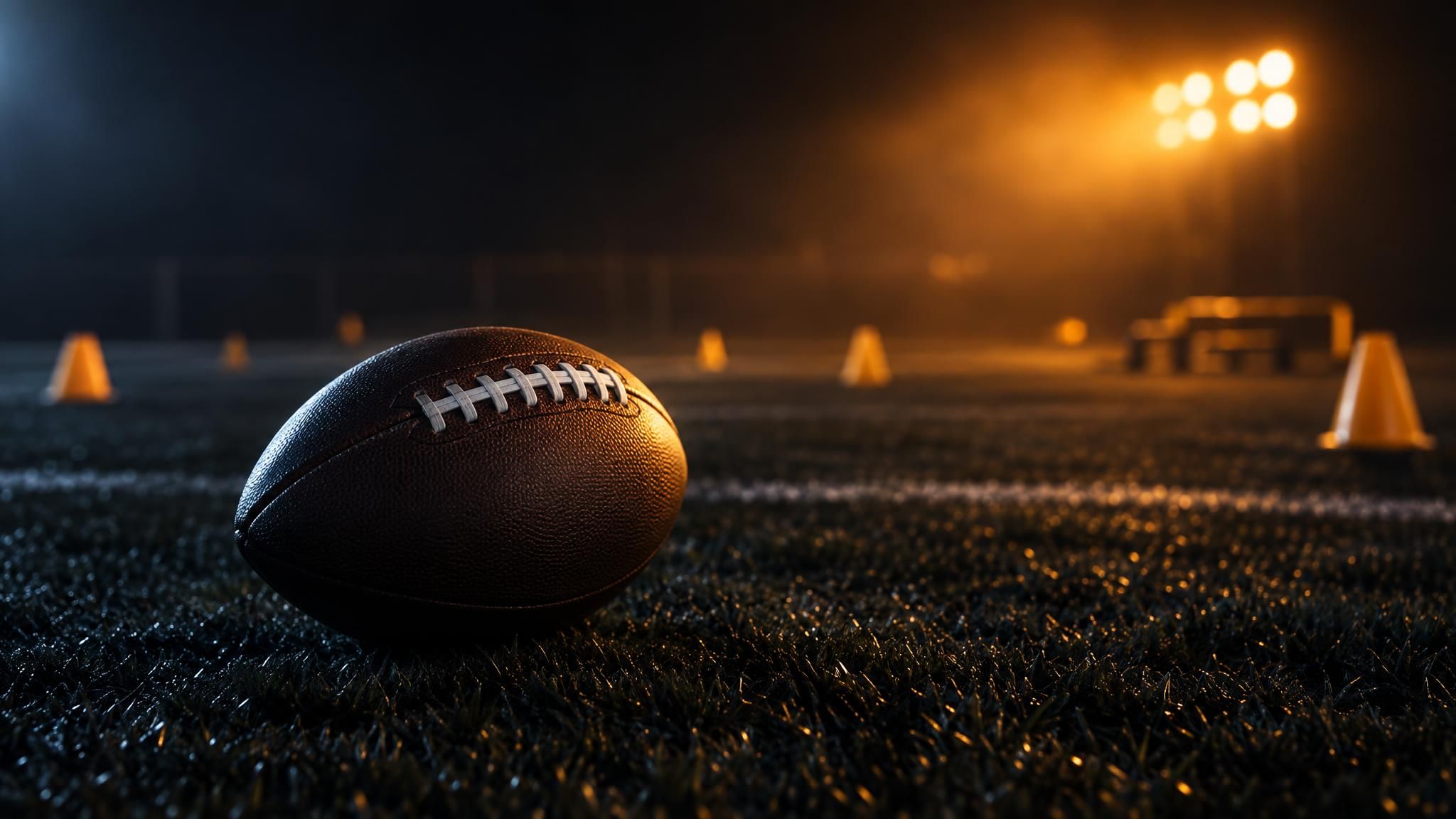 American Football auf dunklem Trainingsrasen im Flutlicht