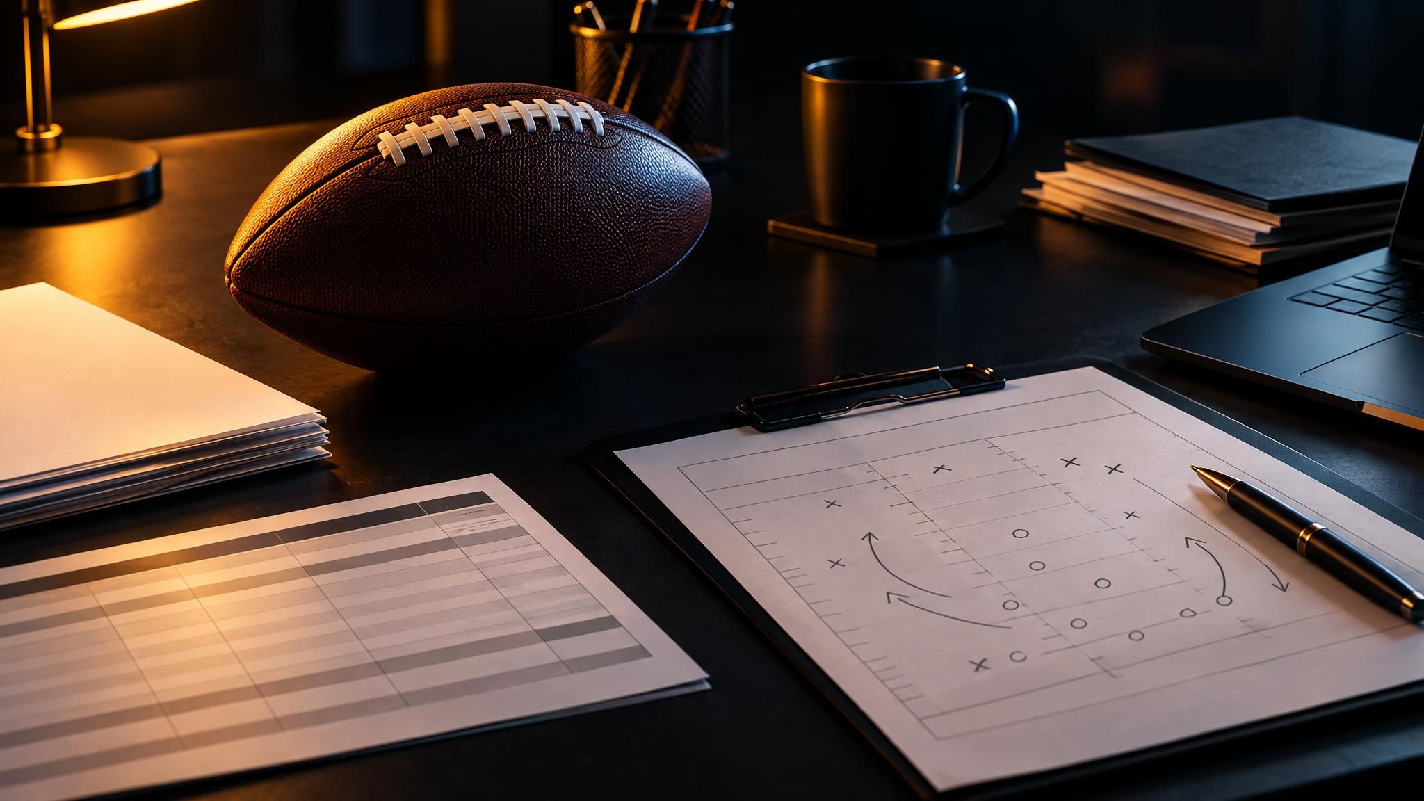 American Football auf einem Schreibtisch neben Unterlagen und einer Taktikskizze im warmen Licht