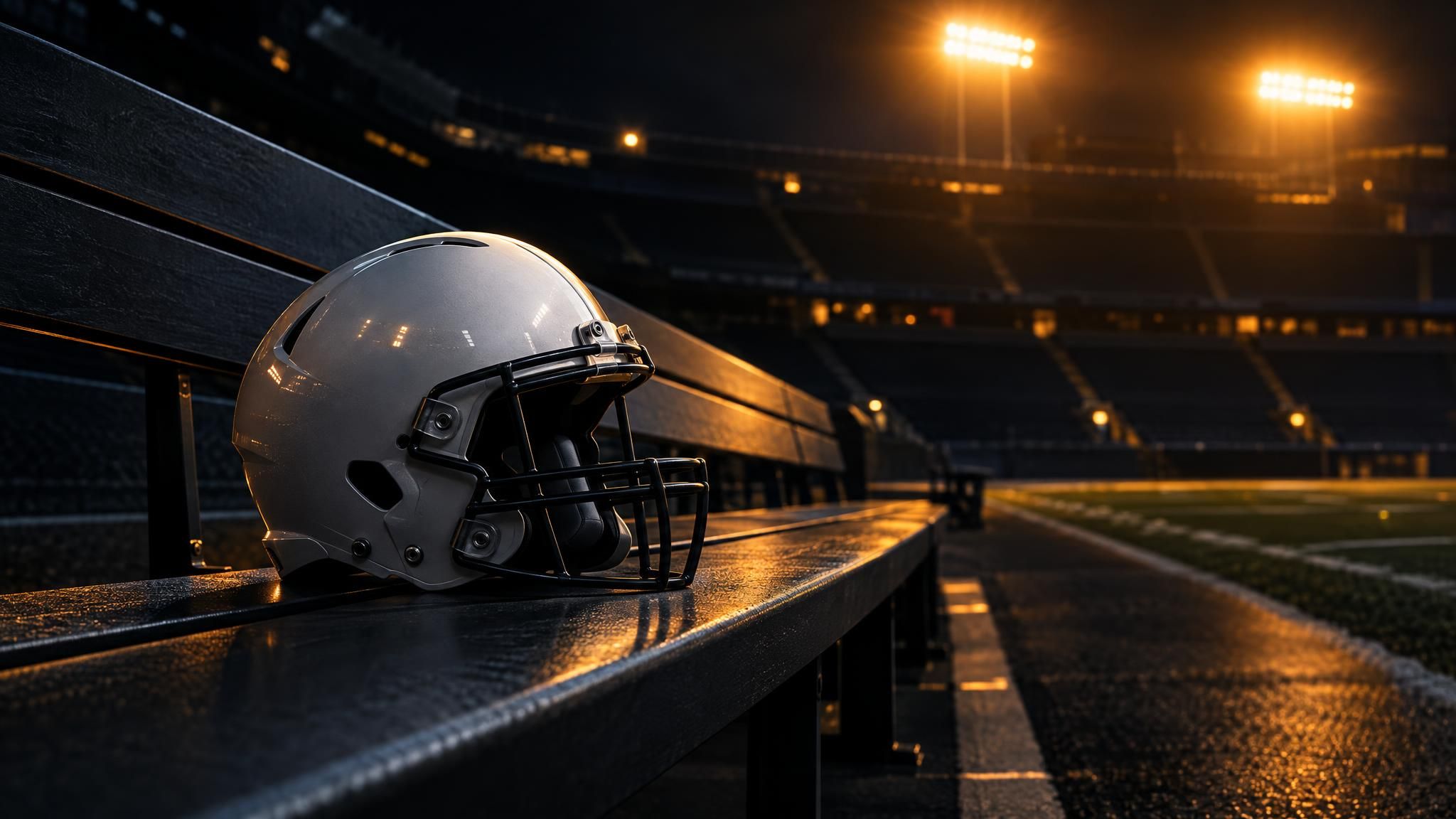 Neutraler Football-Helm auf einer leeren Bank im Flutlicht