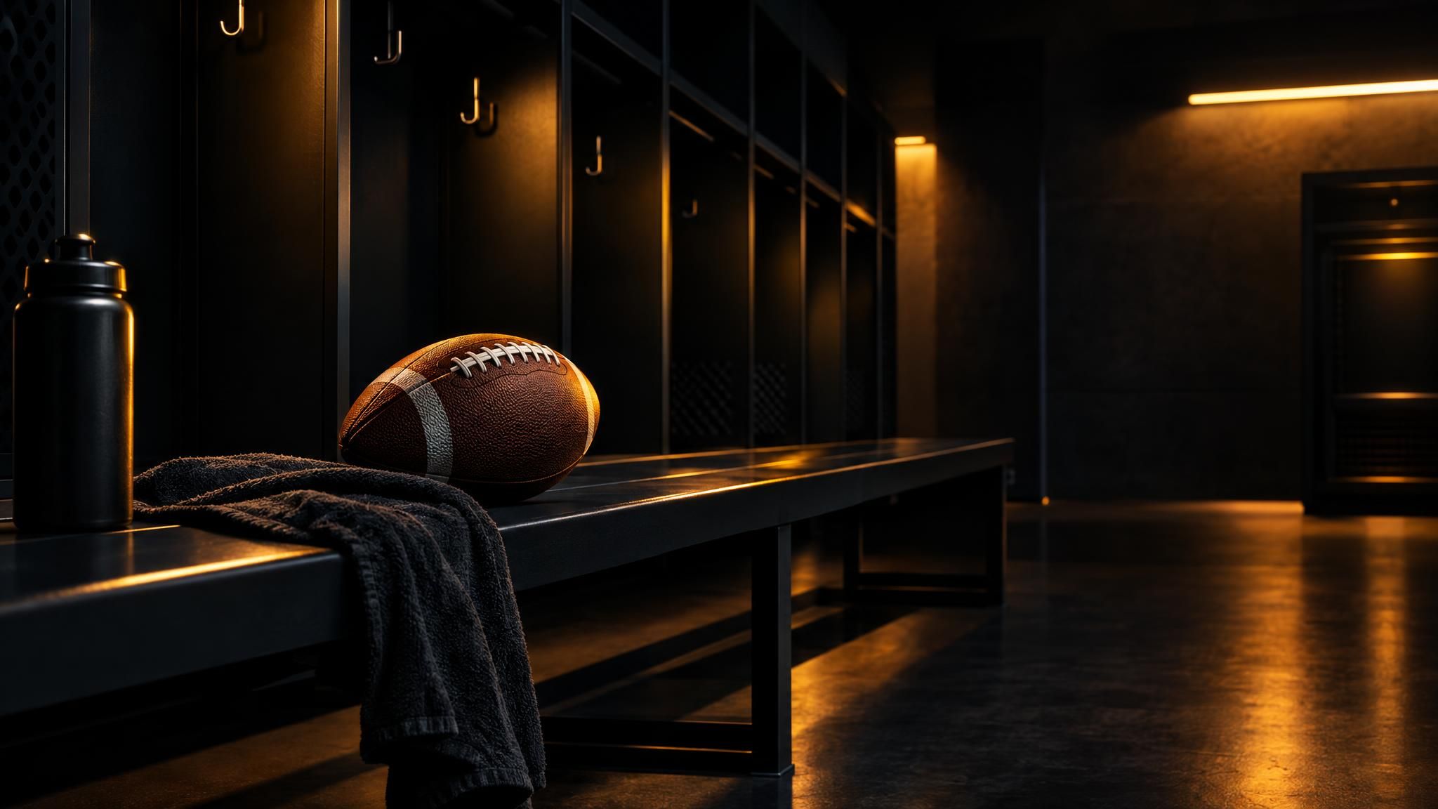 American Football auf einer leeren Bank in einer dunklen Umkleide