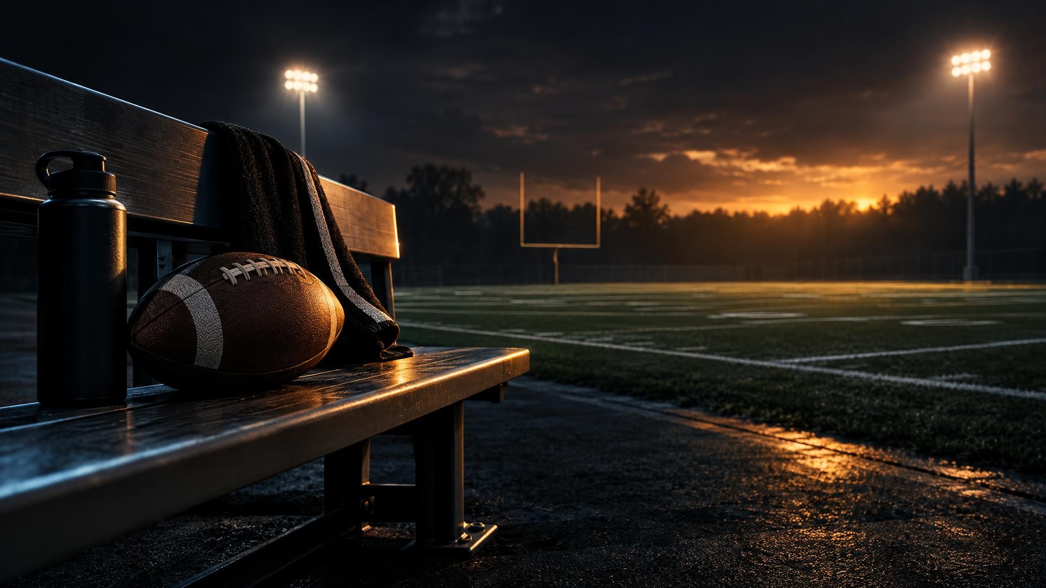 American-Football auf einer Bank am beleuchteten Spielfeldrand