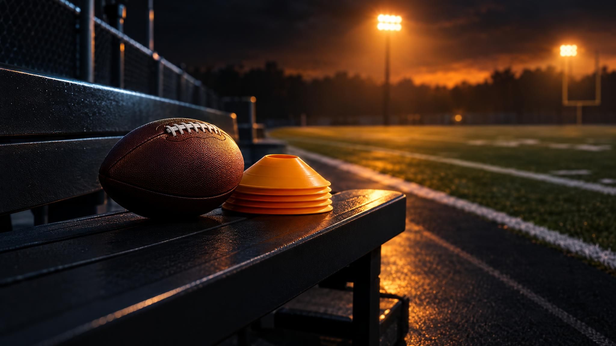 Football und orangefarbene Trainingshütchen auf einer Bank neben einem beleuchteten Footballfeld