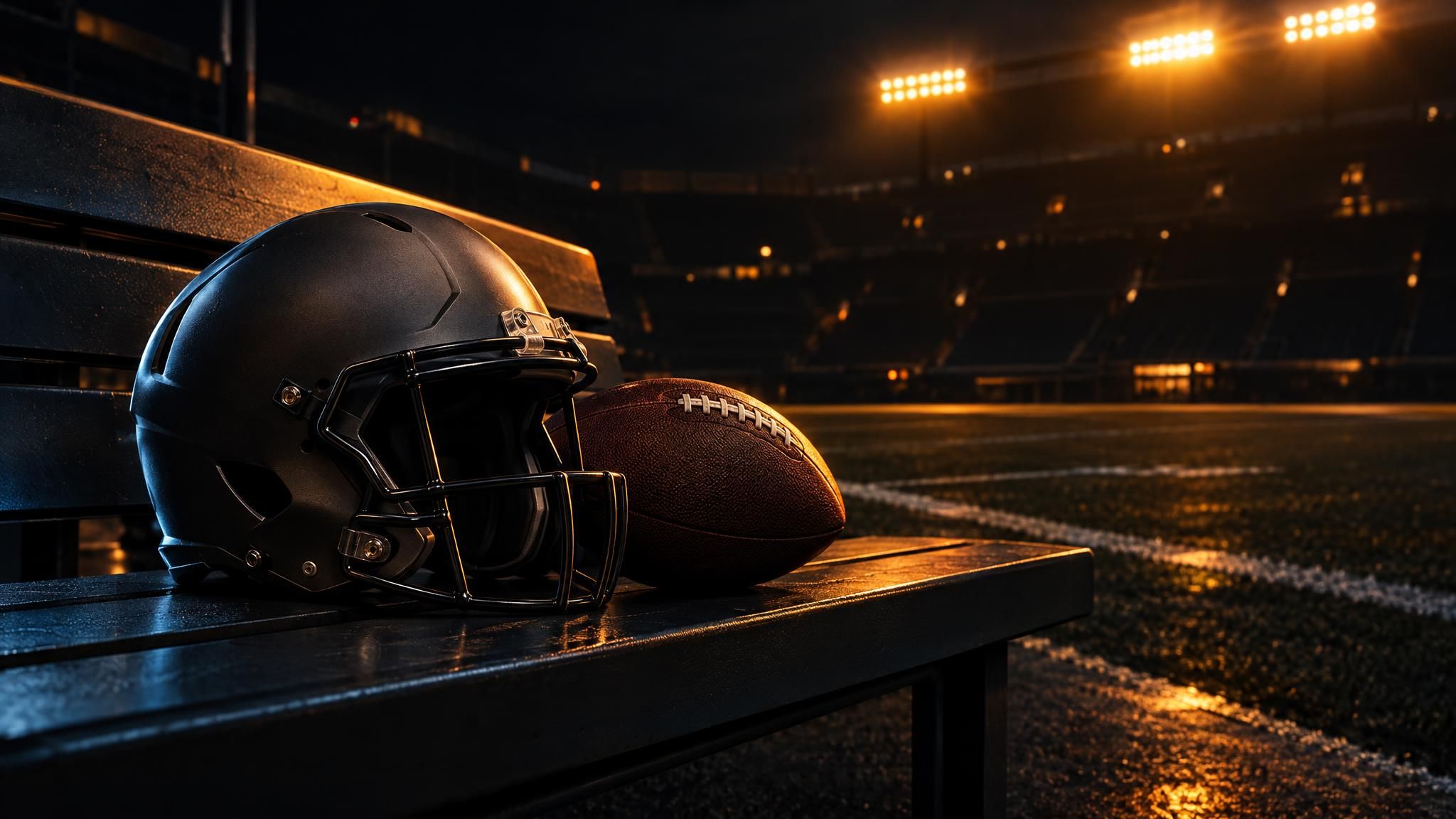 Neutraler Football-Helm und Ball auf einer Bank im Stadion