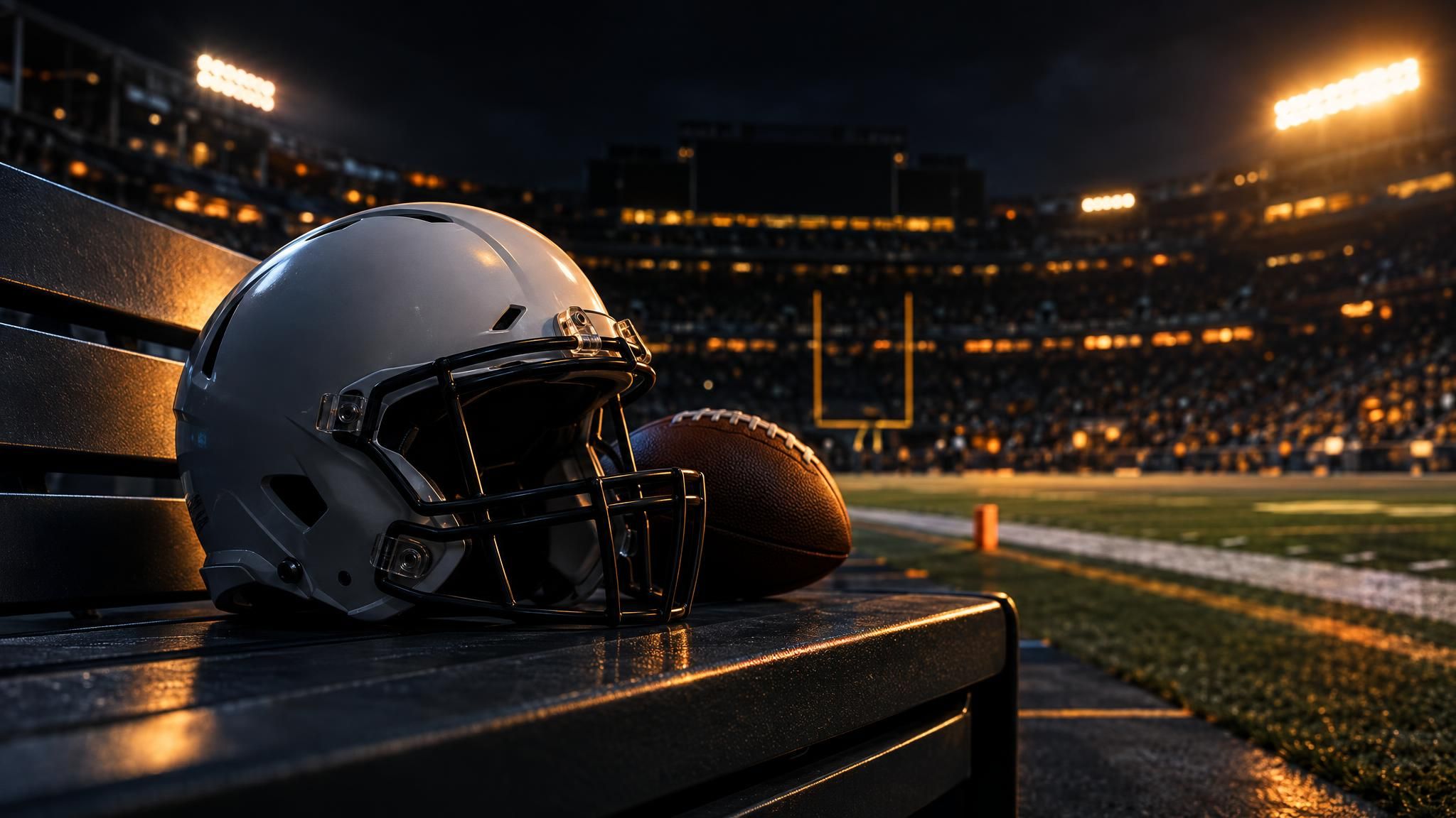 Football und unmarkierter Helm auf einer Bank im nächtlichen Stadion