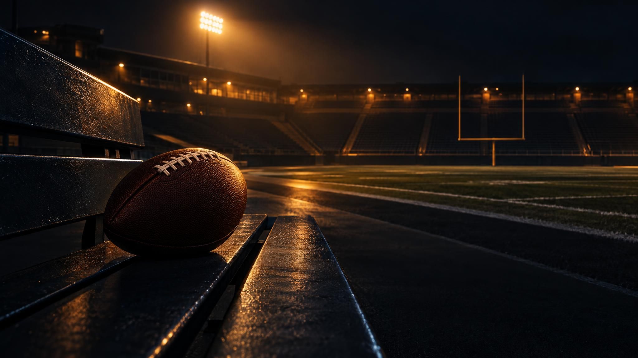 American Football auf einer Bank vor einem beleuchteten Stadion bei Nacht