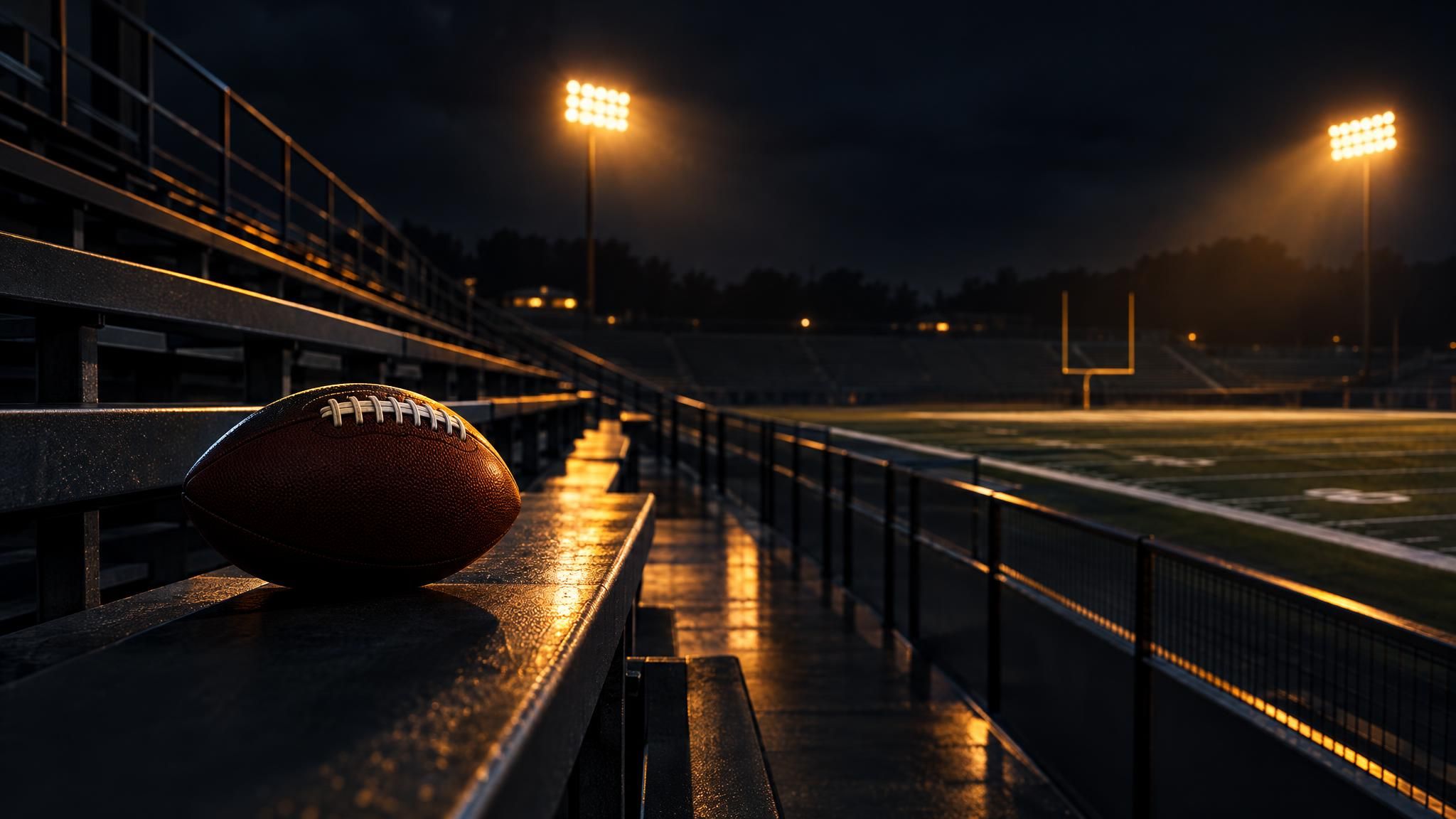 American Football auf einer leeren Bank im Stadion bei Nacht