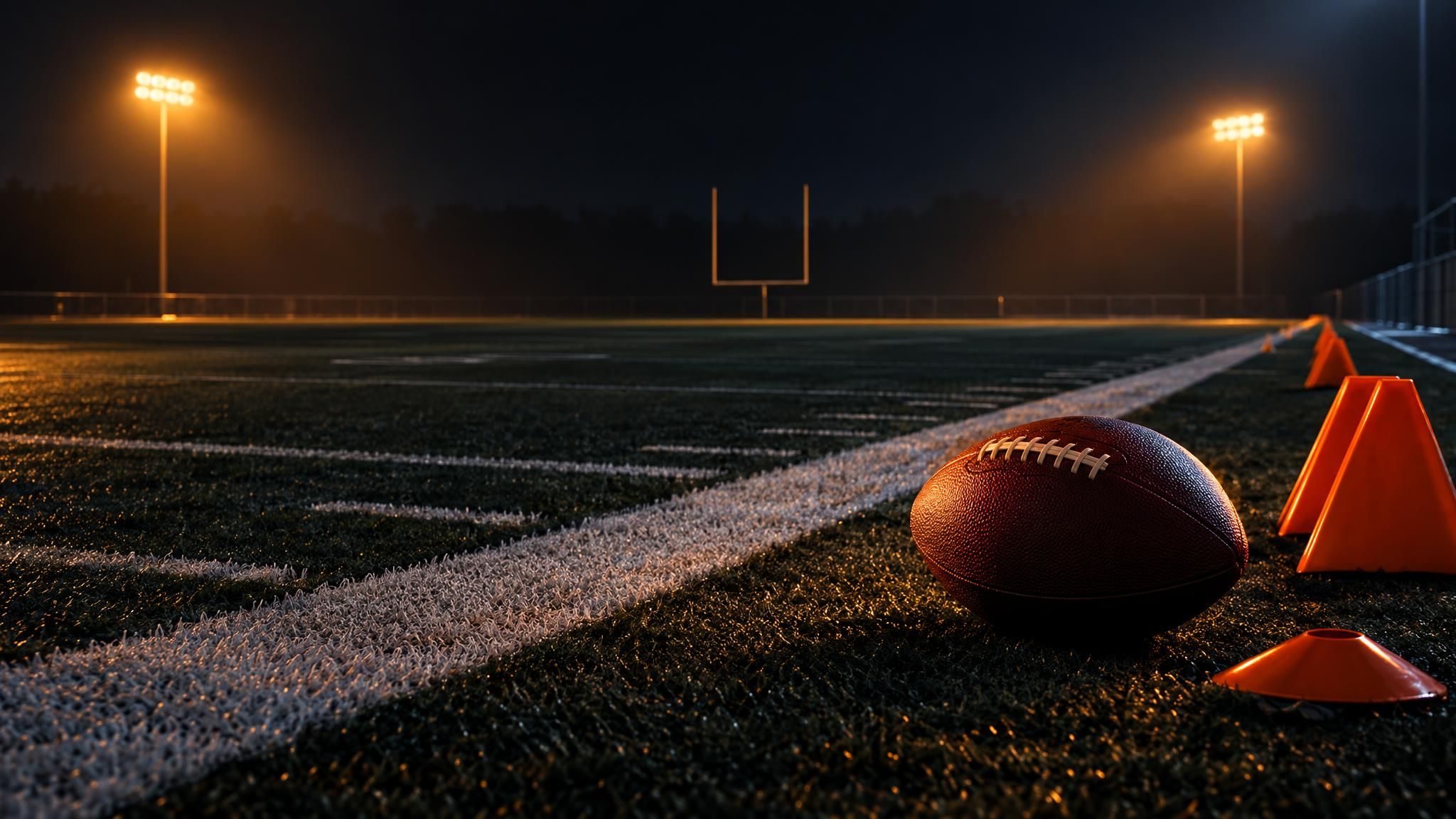 Football neben Trainingsmarkierungen auf einem dunklen Trainingsfeld