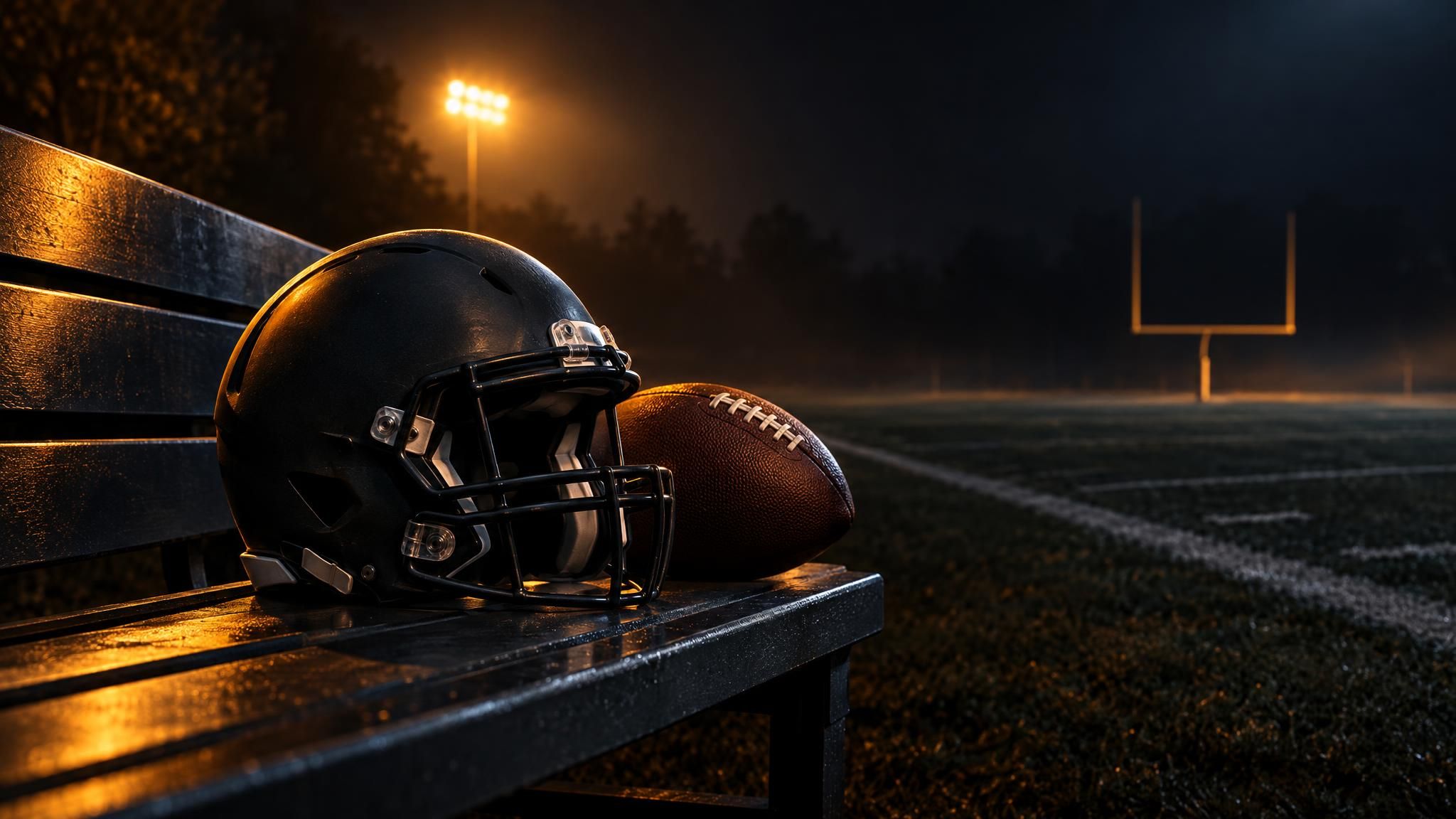 Football und neutraler Helm auf einer Bank bei warmem Flutlicht